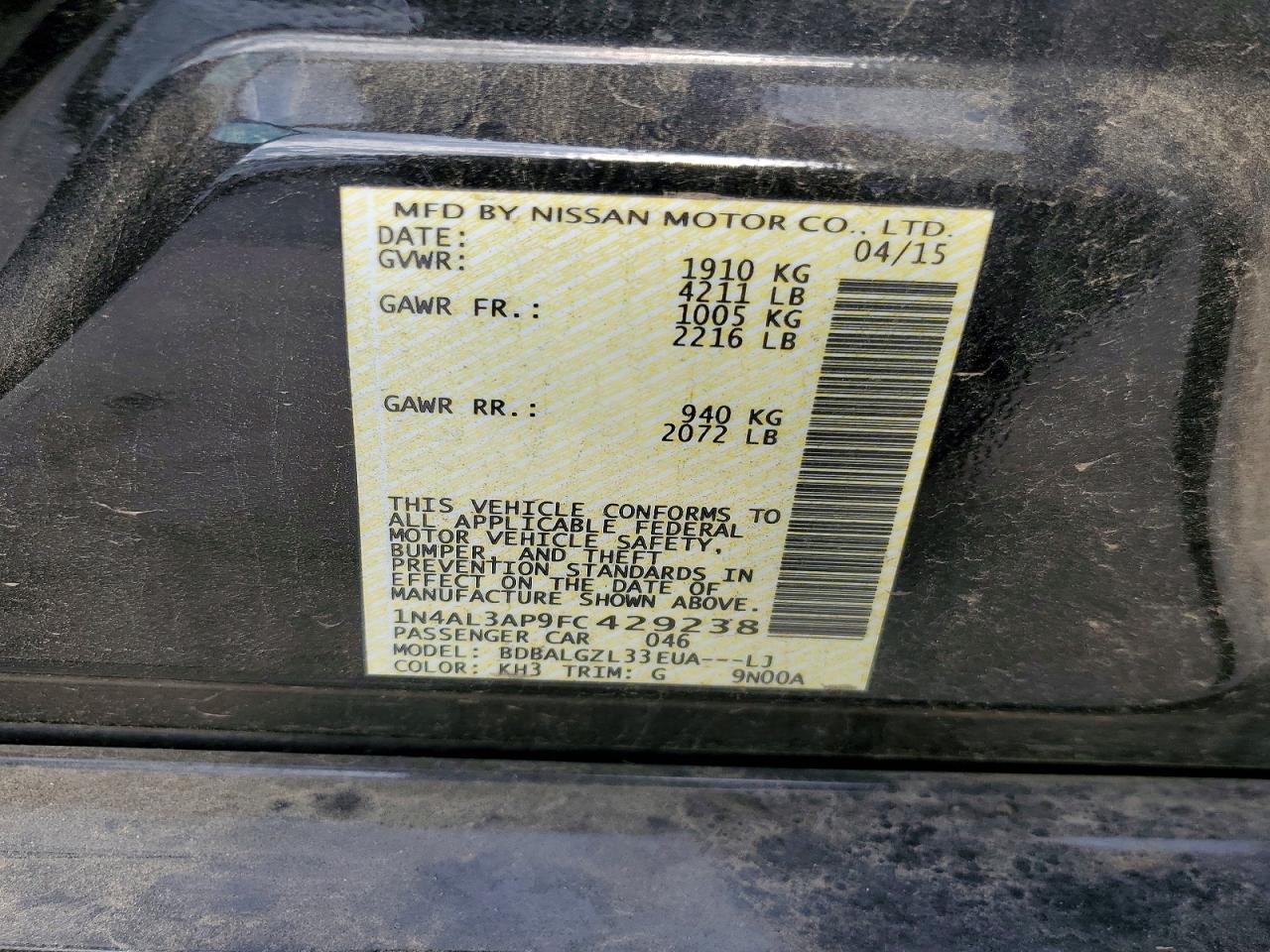 2015 Nissan Altima 2.5 S Black vin: 1N4AL3AP9FC429238
