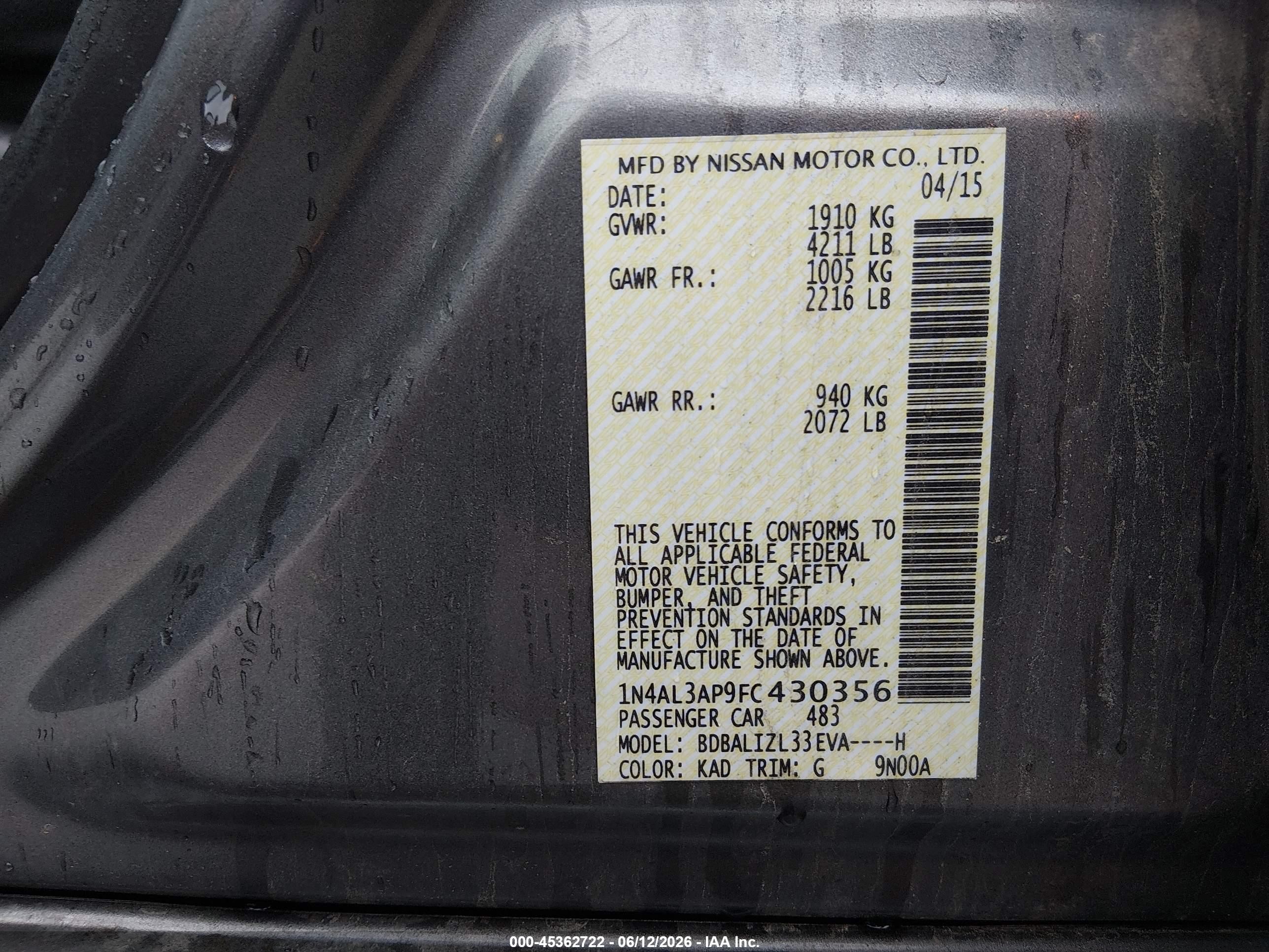 2015 Nissan Altima 2.5 Sv Gray vin: 1N4AL3AP9FC430356