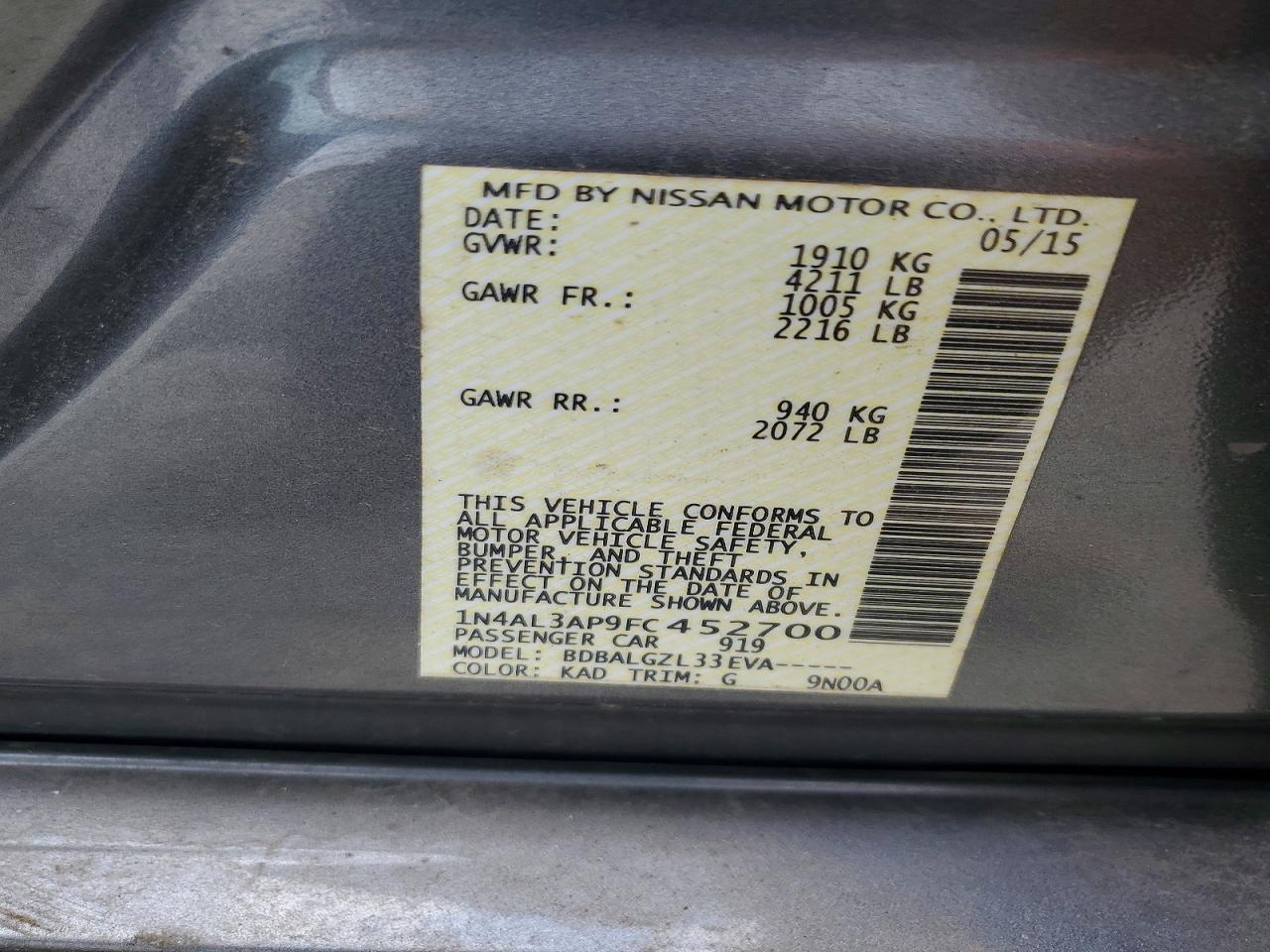 2015 Nissan Altima 2.5 S Gray vin: 1N4AL3AP9FC452700