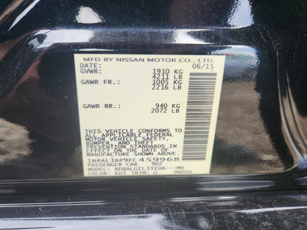 2015 Nissan Altima 2.5 S Black vin: 1N4AL3AP9FC459968
