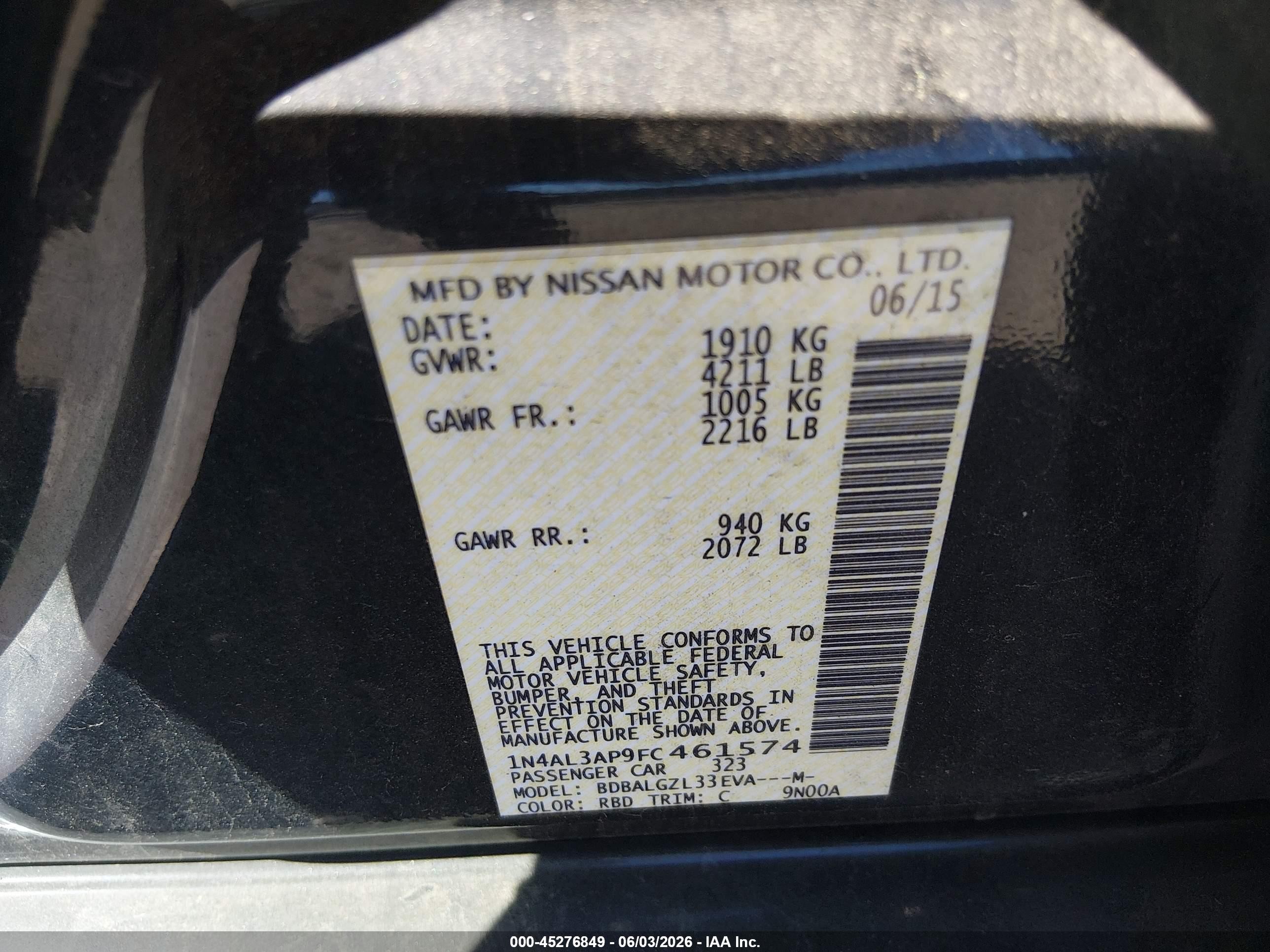 2015 Nissan Altima 2.5 S Black vin: 1N4AL3AP9FC461574