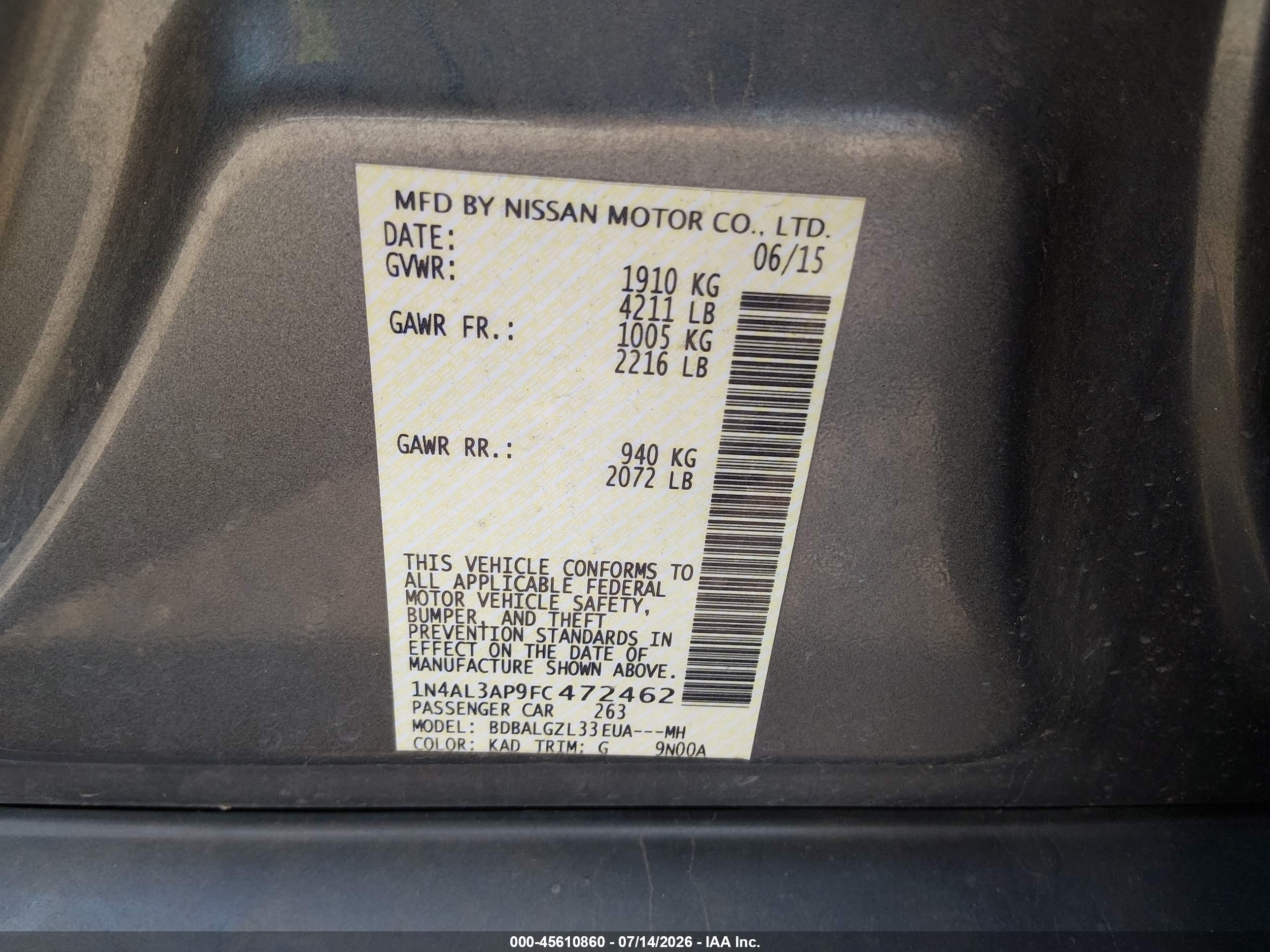 2015 Nissan Altima 2.5 S Gray vin: 1N4AL3AP9FC472462