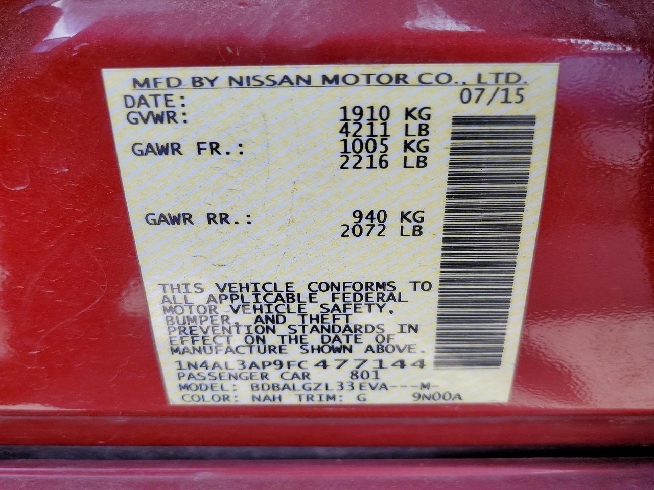 2015 Nissan Altima 2.5 S Красный vin: 1N4AL3AP9FC477144
