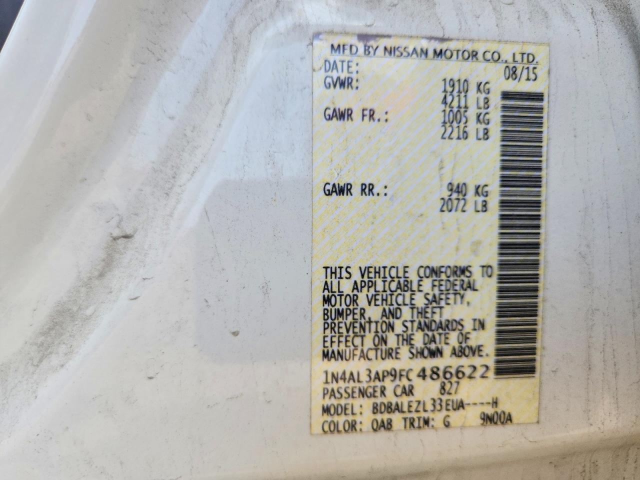 2015 Nissan Altima 2.5 S White vin: 1N4AL3AP9FC486622