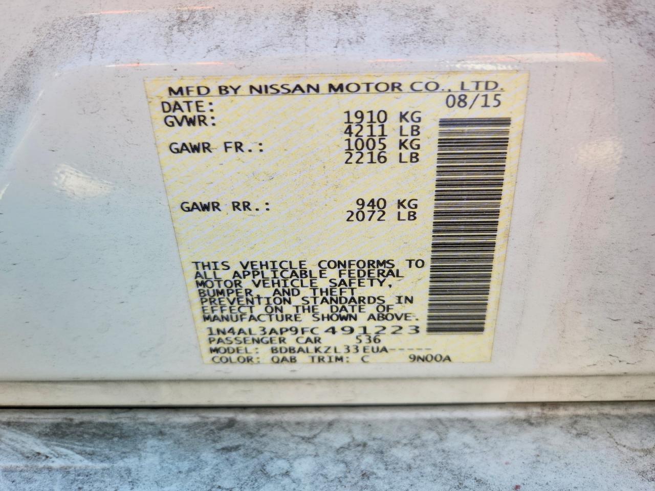 2015 Nissan Altima 2.5 Sv White vin: 1N4AL3AP9FC491223