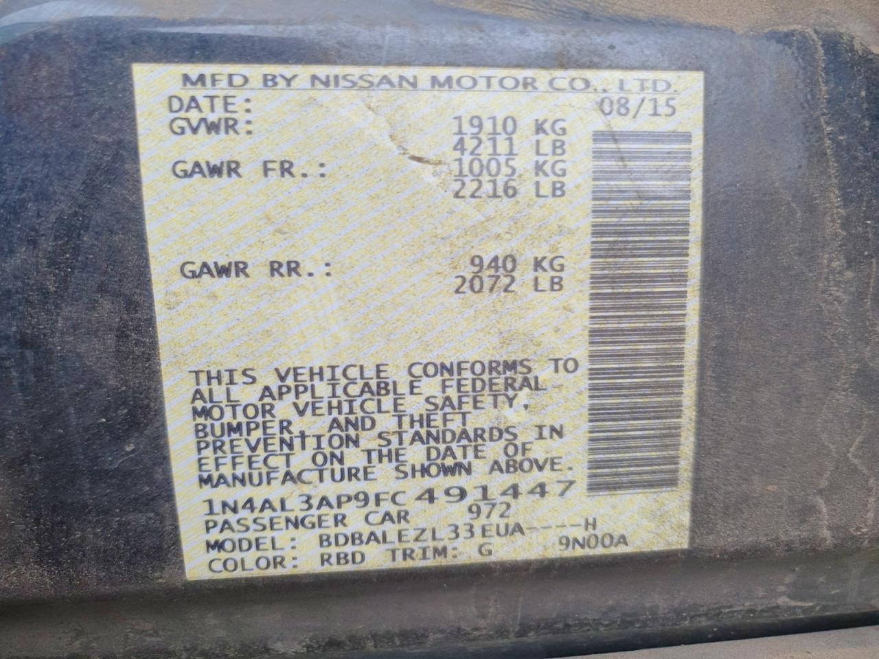 2015 Nissan Altima 2.5 S Charcoal vin: 1N4AL3AP9FC491447