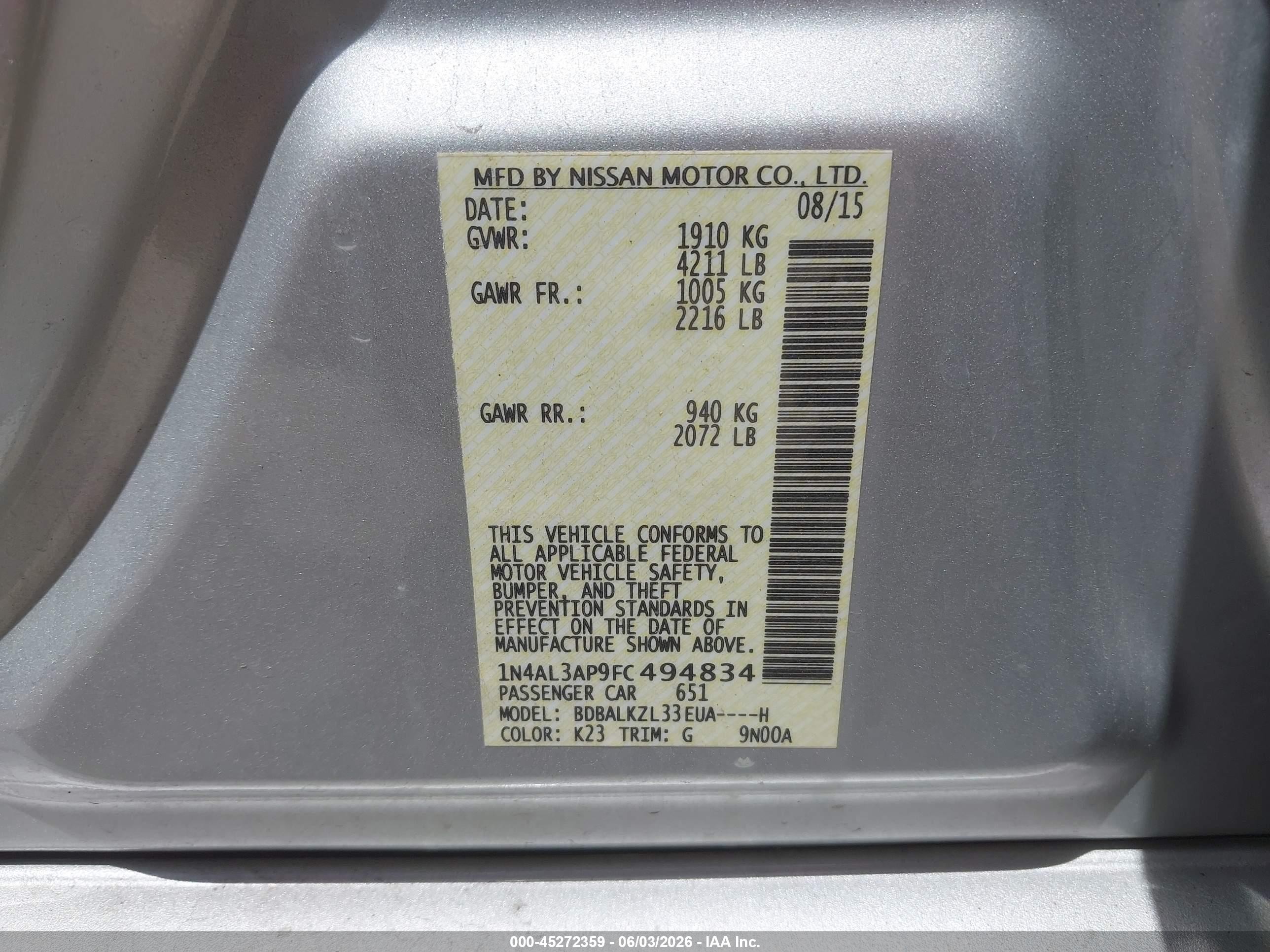 2015 Nissan Altima 2.5 Sv Silver vin: 1N4AL3AP9FC494834