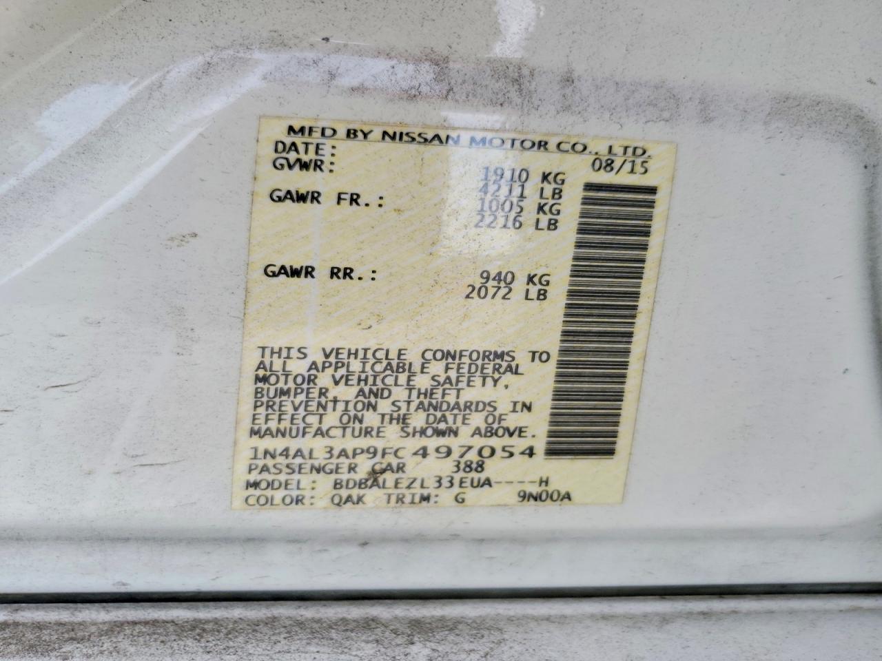 2015 Nissan Altima 2.5 S White vin: 1N4AL3AP9FC497054