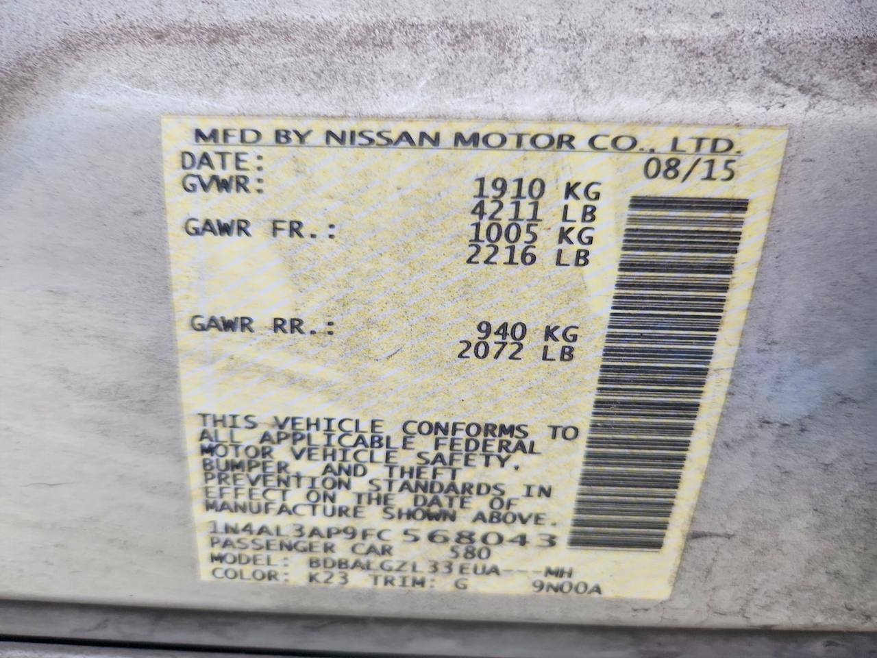2015 Nissan Altima 2.5 S Silver vin: 1N4AL3AP9FC568043