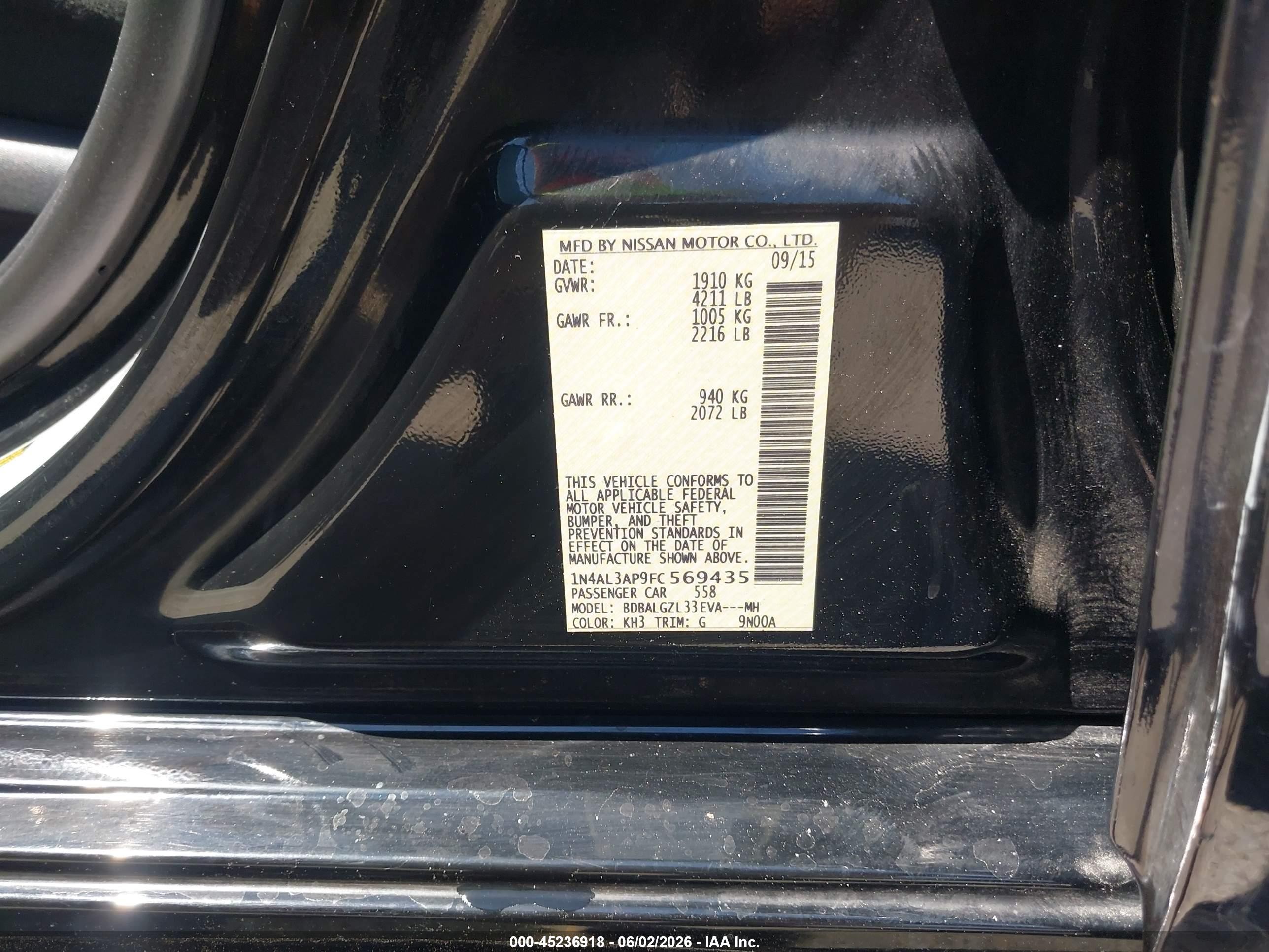 2015 Nissan Altima 2.5 S Black vin: 1N4AL3AP9FC569435