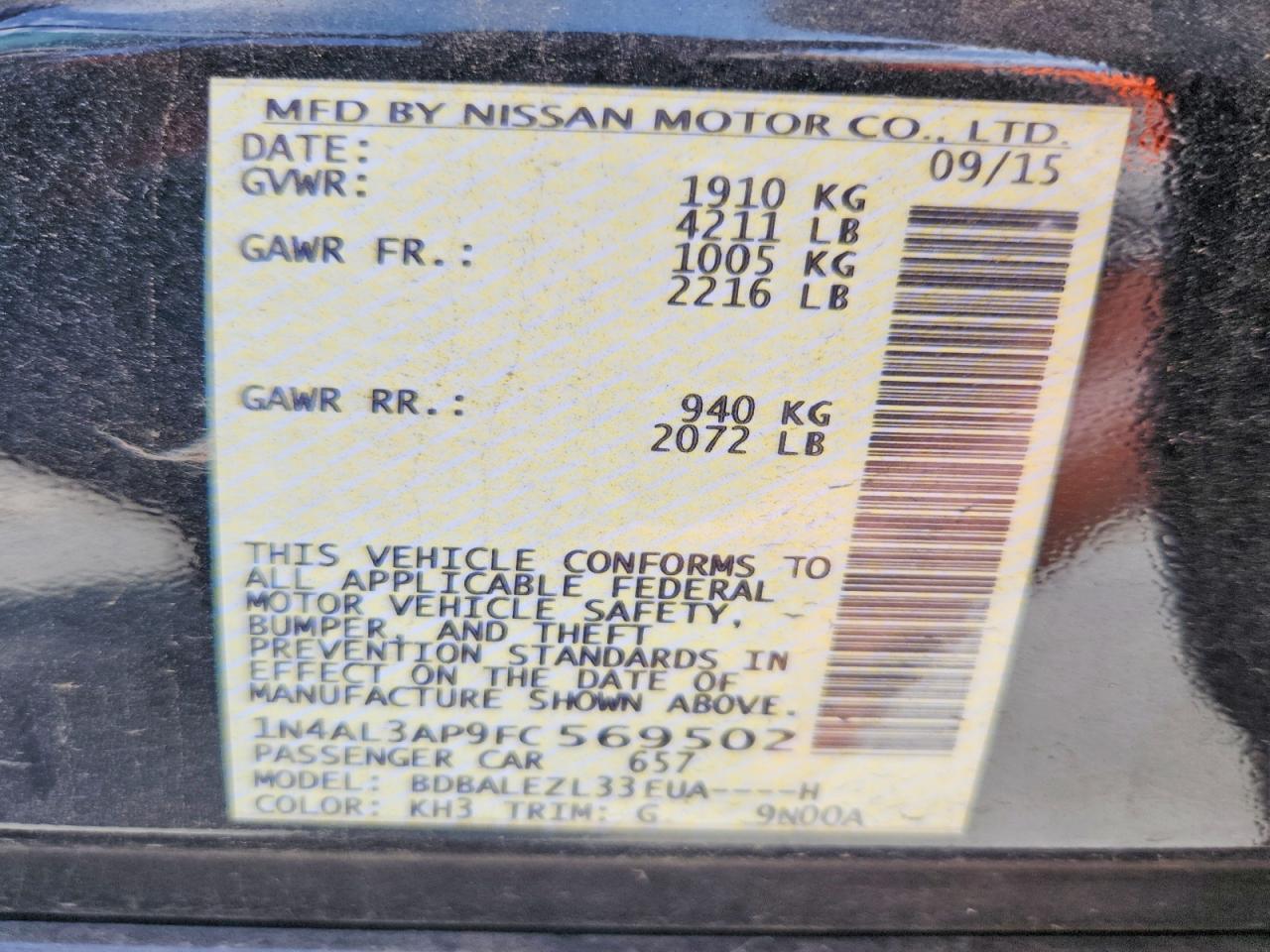 2015 Nissan Altima 2.5 S Black vin: 1N4AL3AP9FC569502