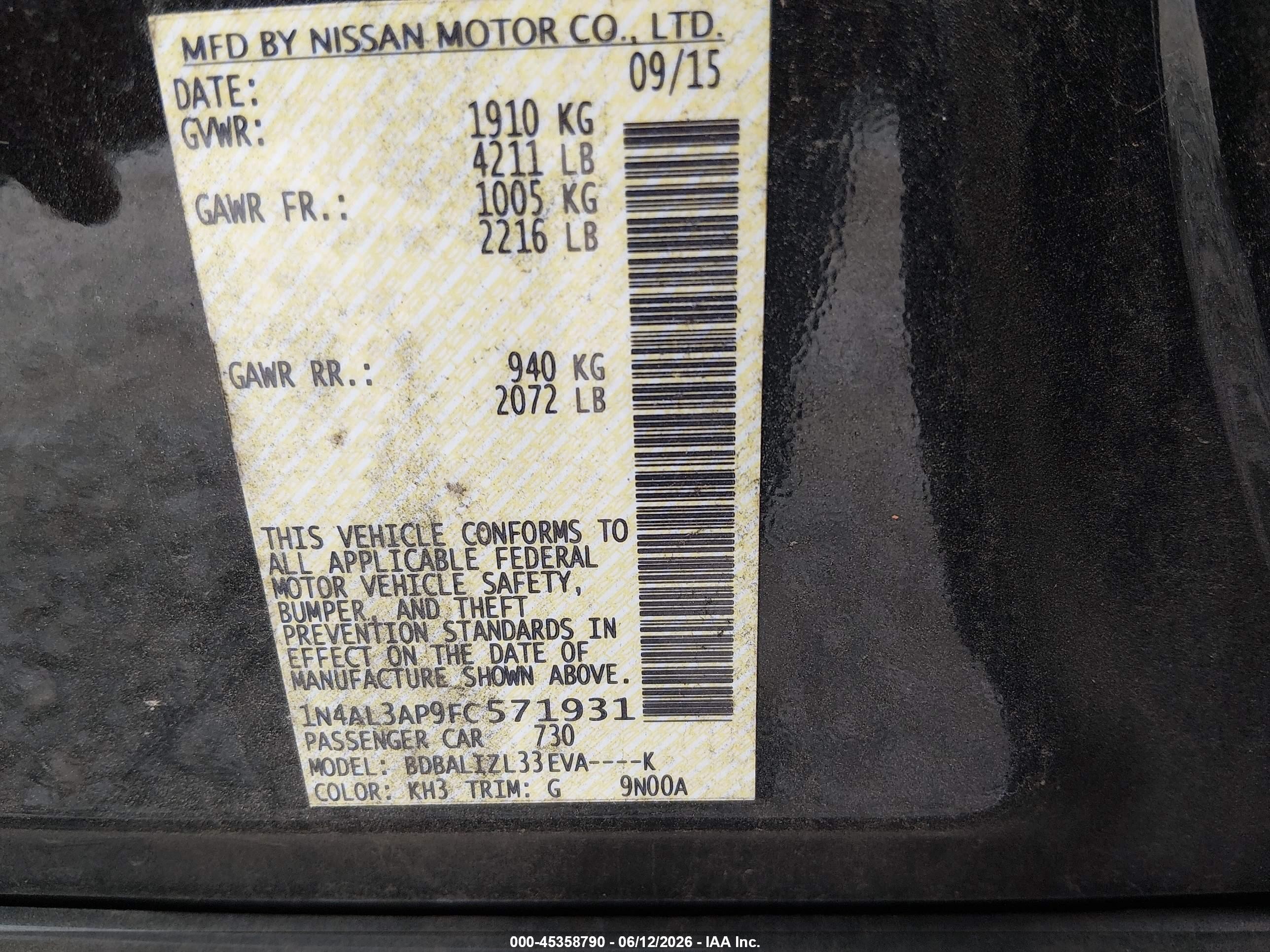 2015 Nissan Altima 2.5 Sv Черный vin: 1N4AL3AP9FC571931