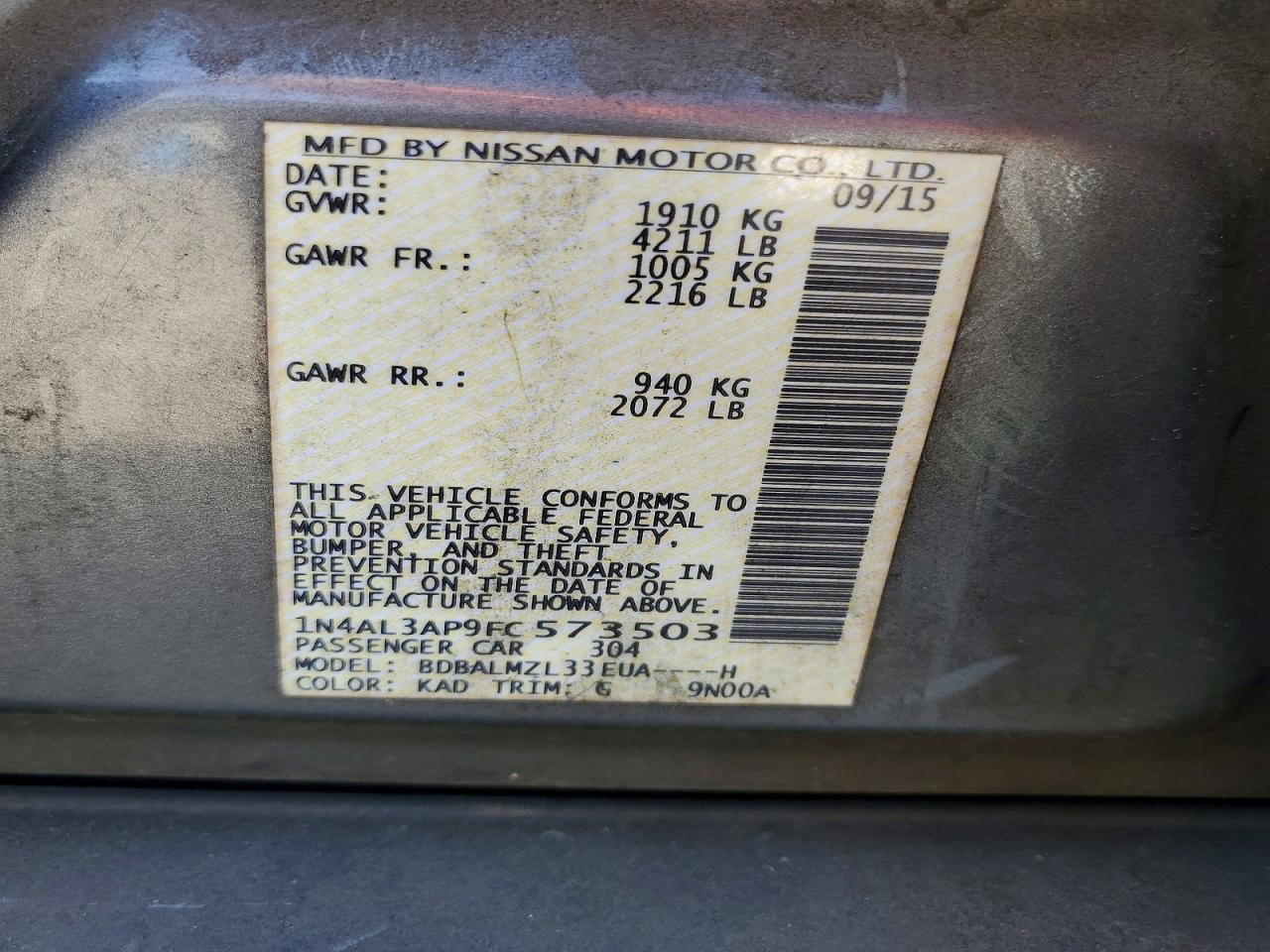 2015 Nissan Altima 2.5 Sv Gray vin: 1N4AL3AP9FC573503