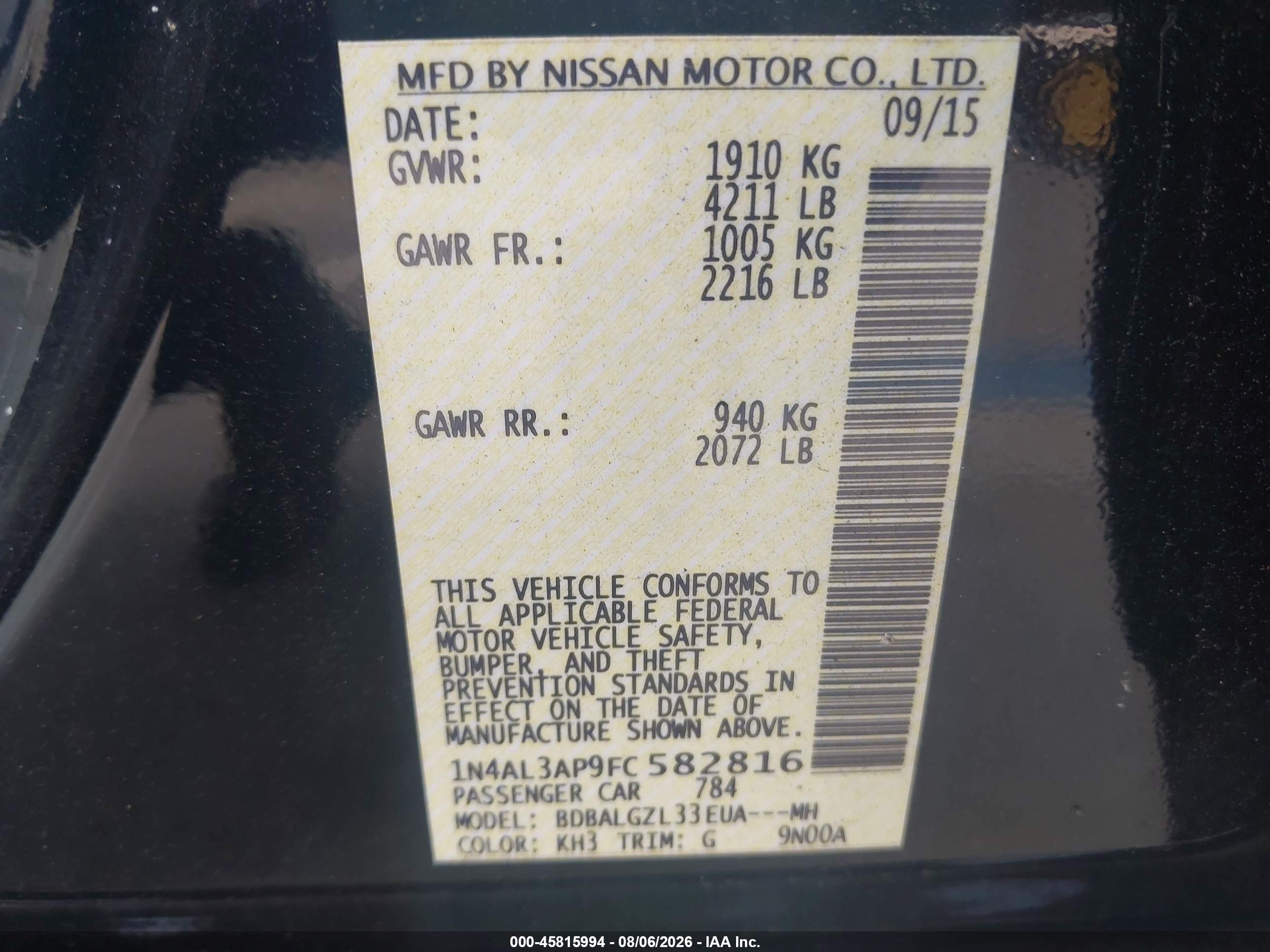 2015 Nissan Altima 2.5 S Black vin: 1N4AL3AP9FC582816