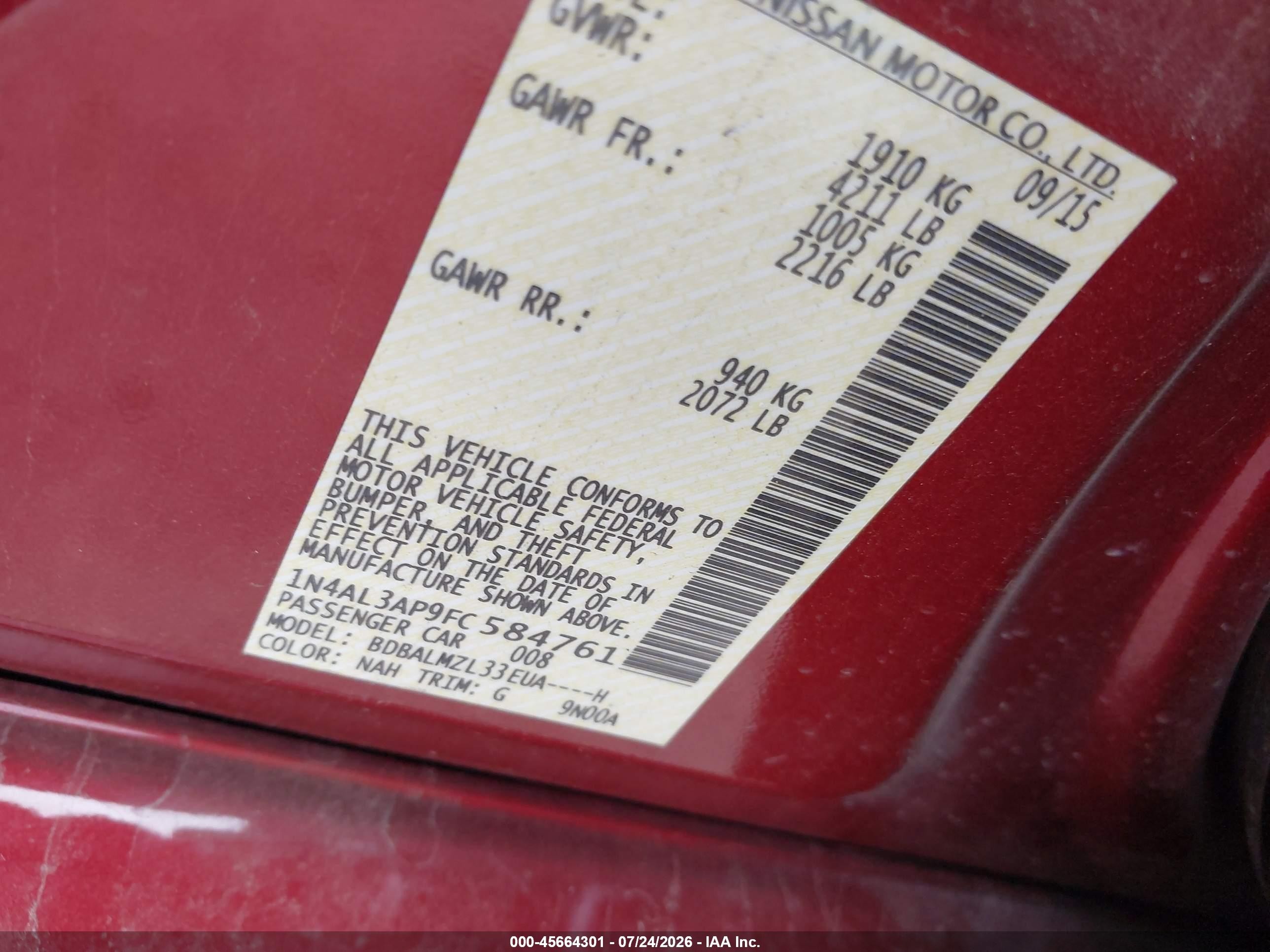 2015 Nissan Altima 2.5 Sv Red vin: 1N4AL3AP9FC584761