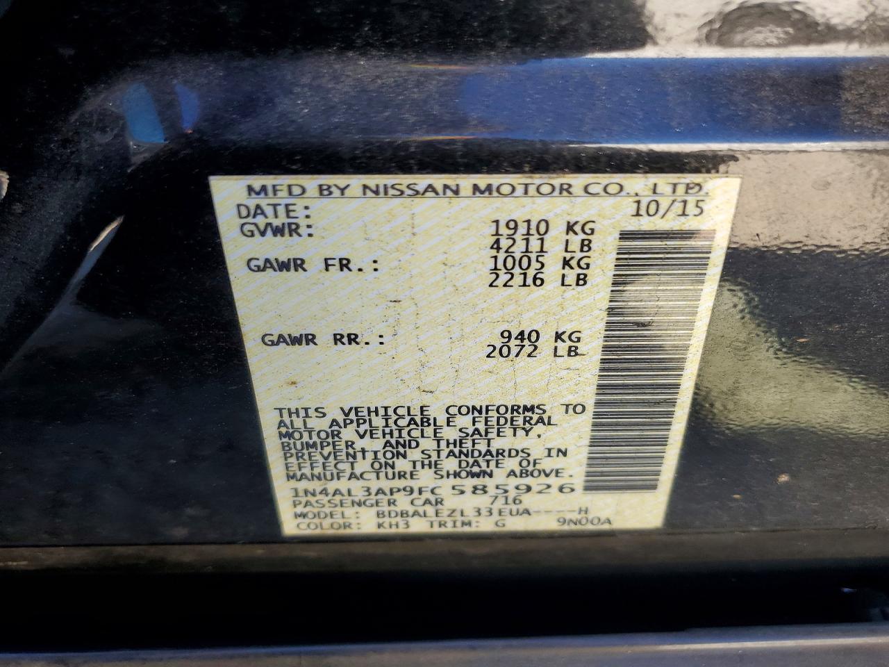 2015 Nissan Altima 2.5 S Black vin: 1N4AL3AP9FC585926