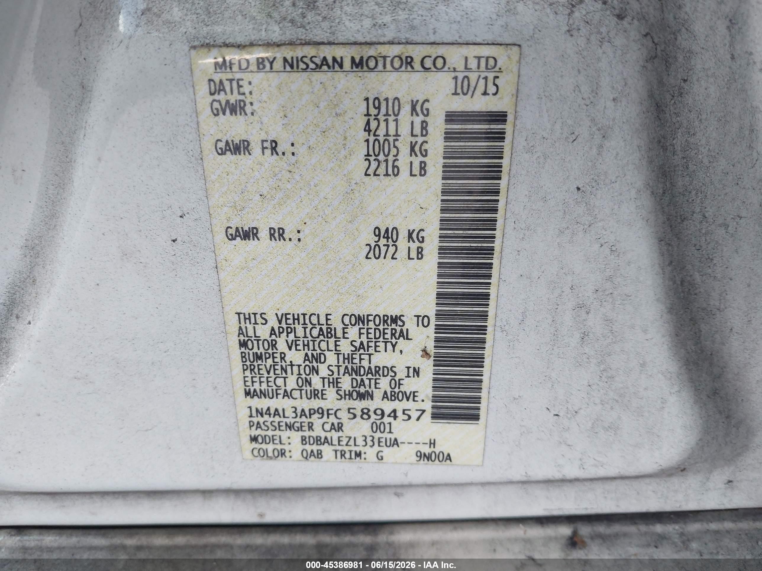 2015 Nissan Altima 2.5 S White vin: 1N4AL3AP9FC589457