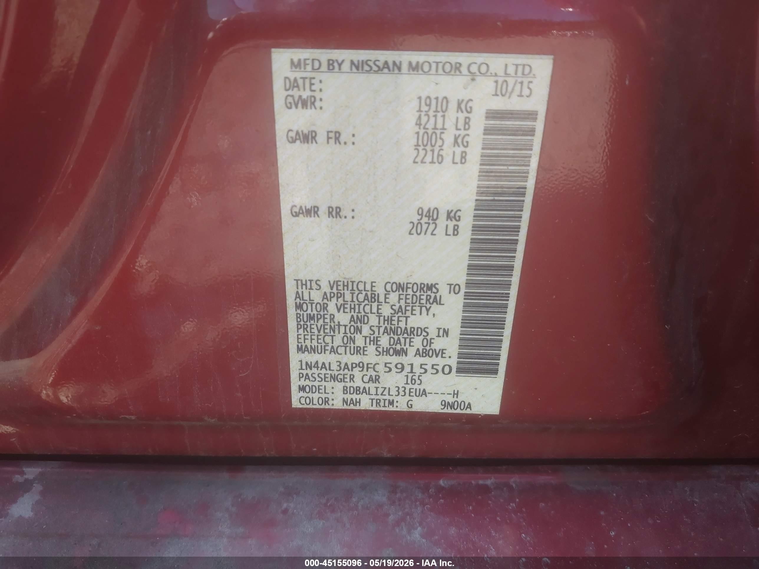 2015 Nissan Altima 2.5 Sv Красный vin: 1N4AL3AP9FC591550