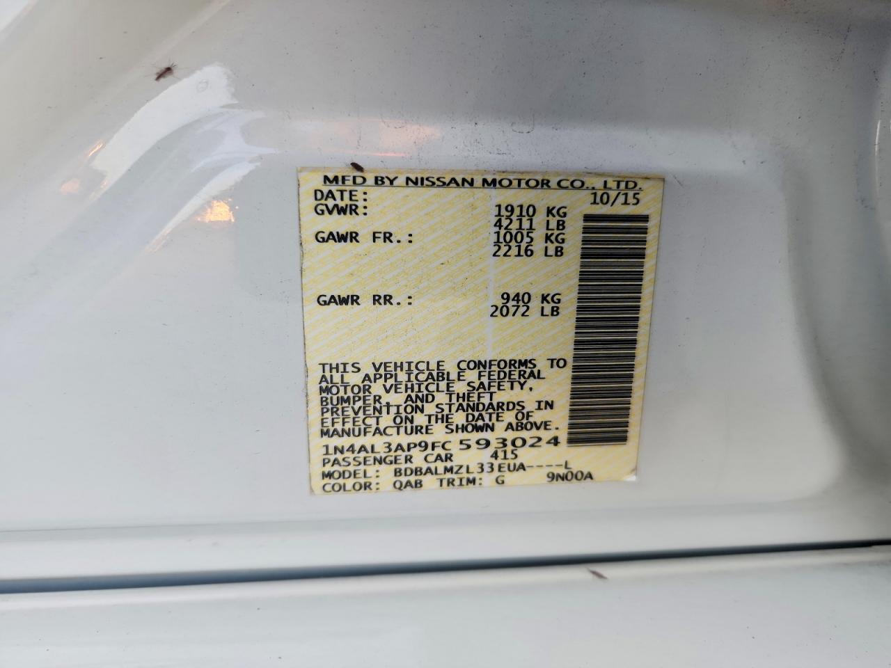 2015 Nissan Altima 2.5 Sv Белый vin: 1N4AL3AP9FC593024