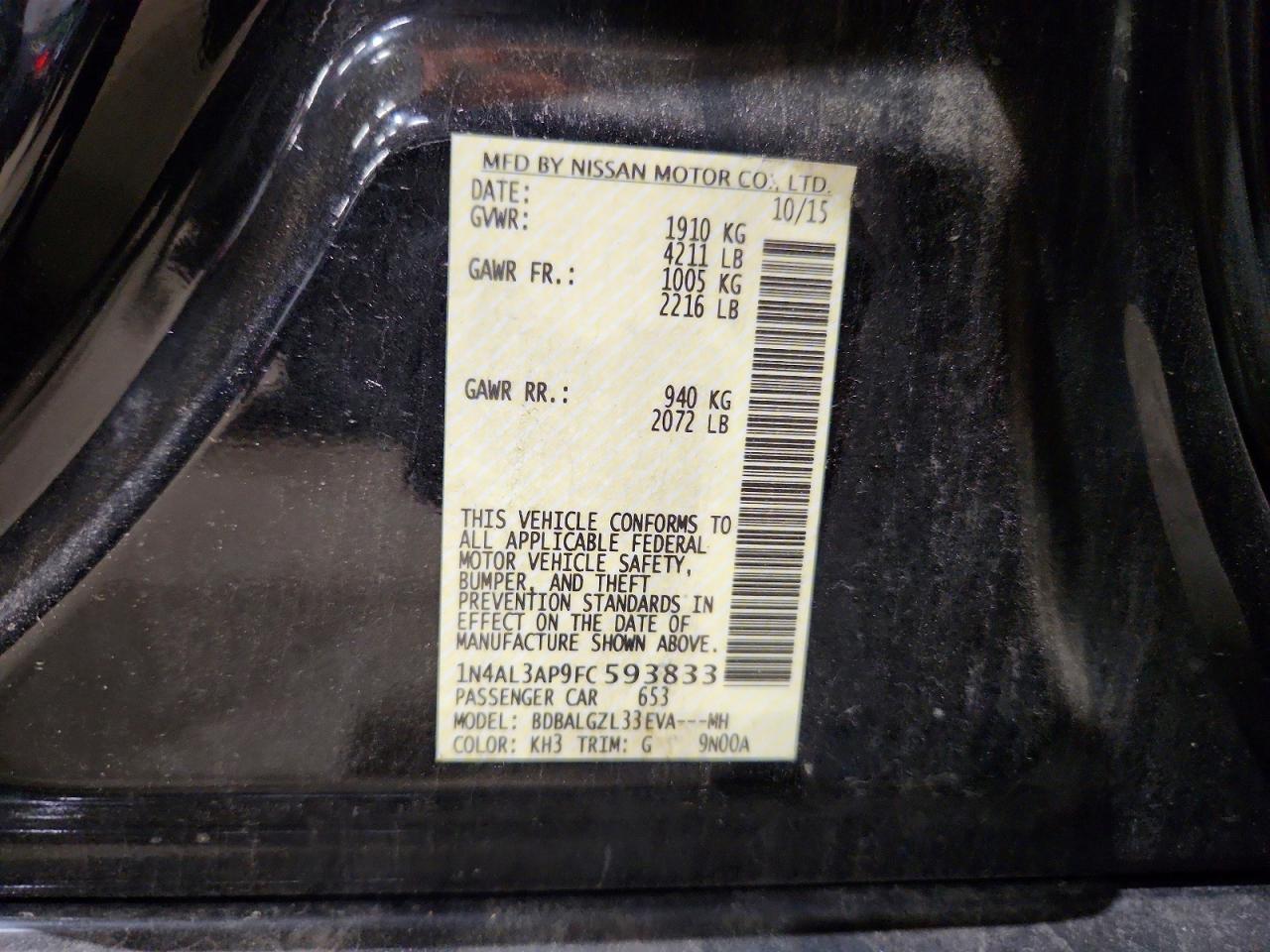 2015 Nissan Altima 2.5 S Black vin: 1N4AL3AP9FC593833