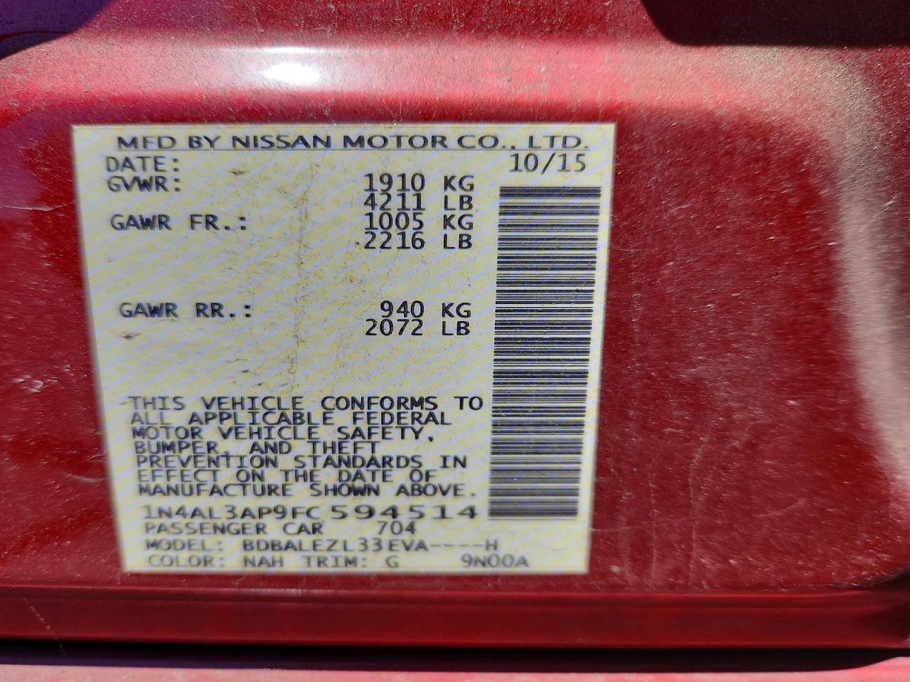 2015 Nissan Altima 2.5 S Red vin: 1N4AL3AP9FC594514