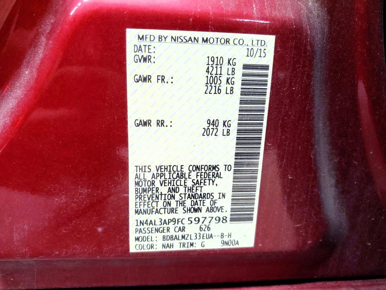 2015 Nissan Altima 2.5 Sv Red vin: 1N4AL3AP9FC597798