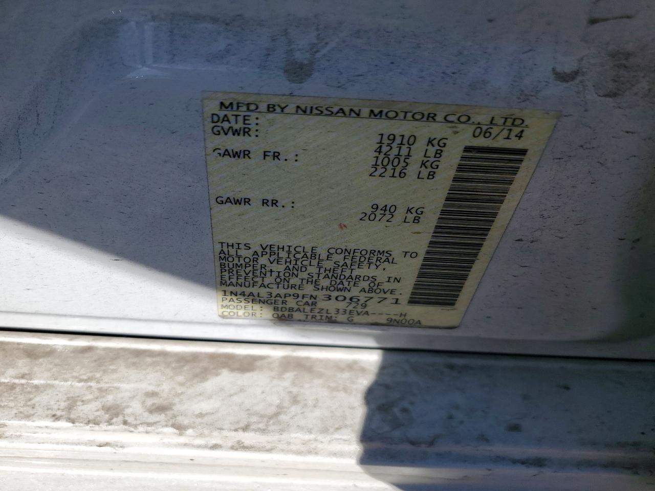 2015 Nissan Altima 2.5 S White vin: 1N4AL3AP9FN306771