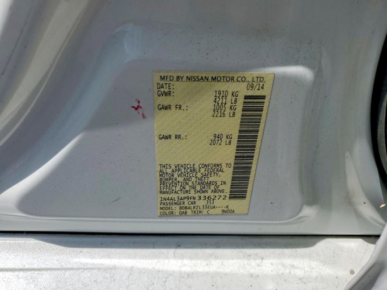 2015 Nissan Altima 2.5 Sl White vin: 1N4AL3AP9FN336272