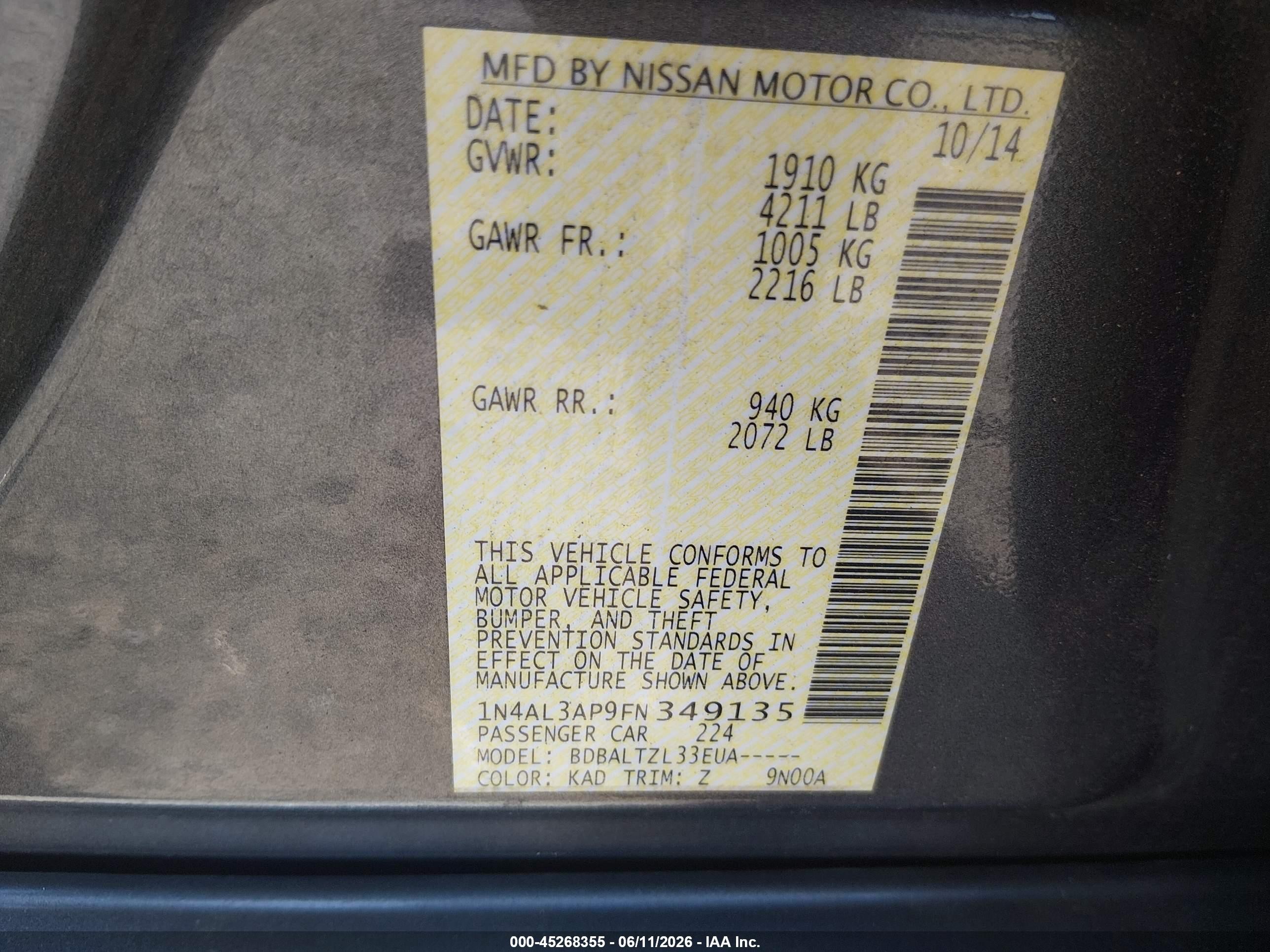 2015 Nissan Altima 2.5/2.5 S/2.5 Sl/2.5 Sv Gray vin: 1N4AL3AP9FN349135