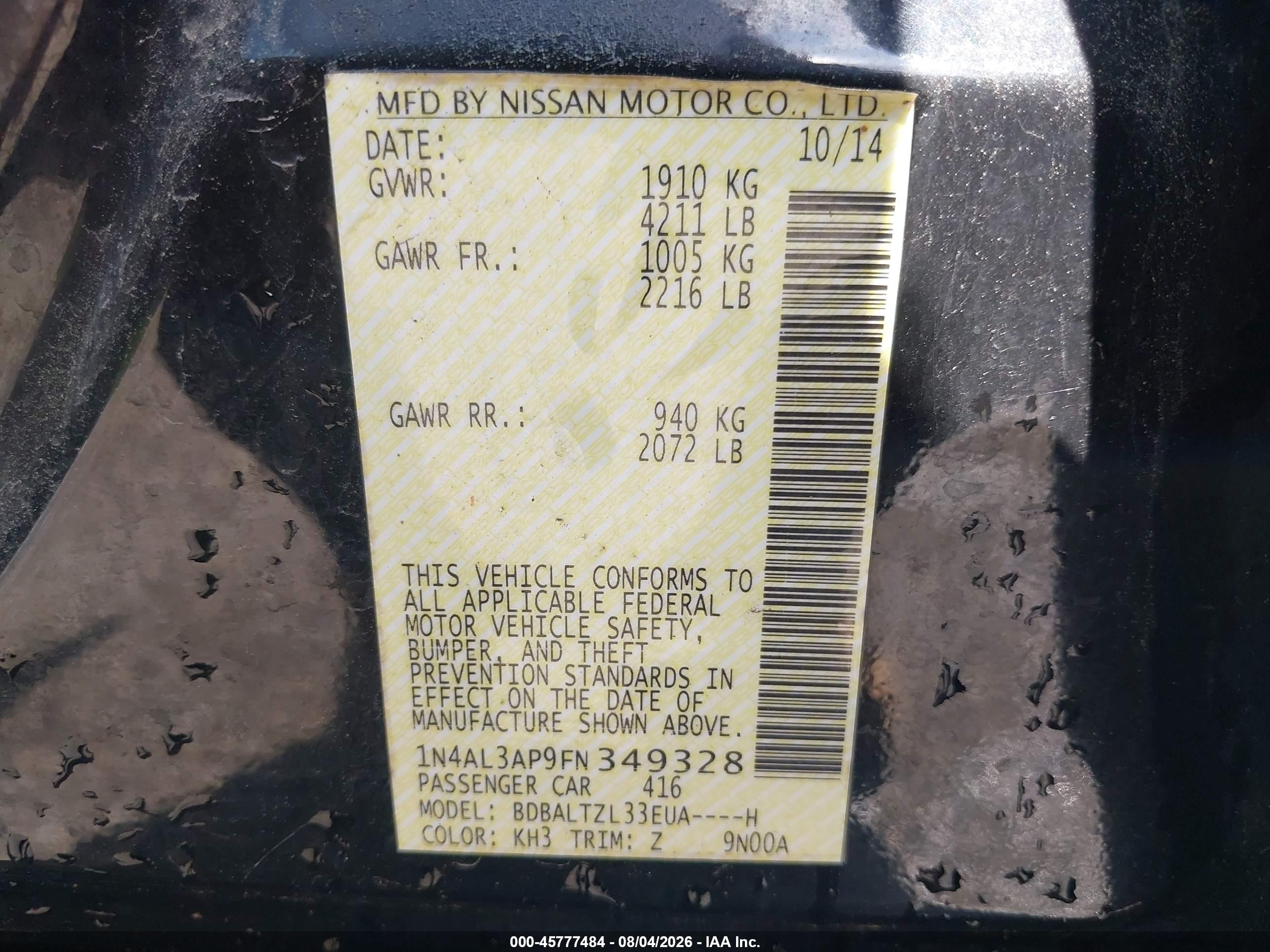 2015 Nissan Altima 2.5 Sl Black vin: 1N4AL3AP9FN349328