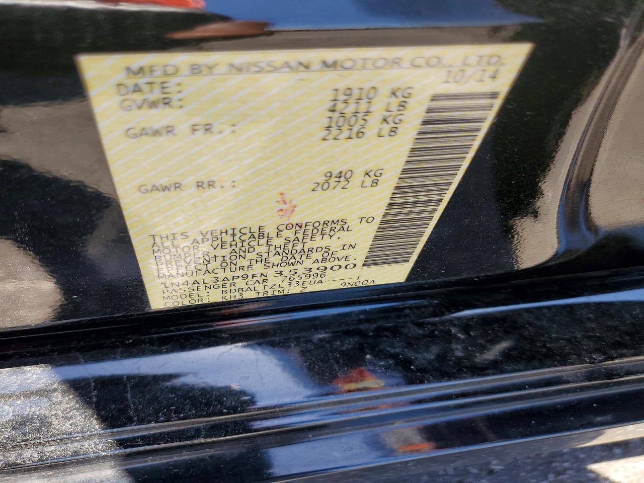 2015 Nissan Altima 2.5 Sl Black vin: 1N4AL3AP9FN353900