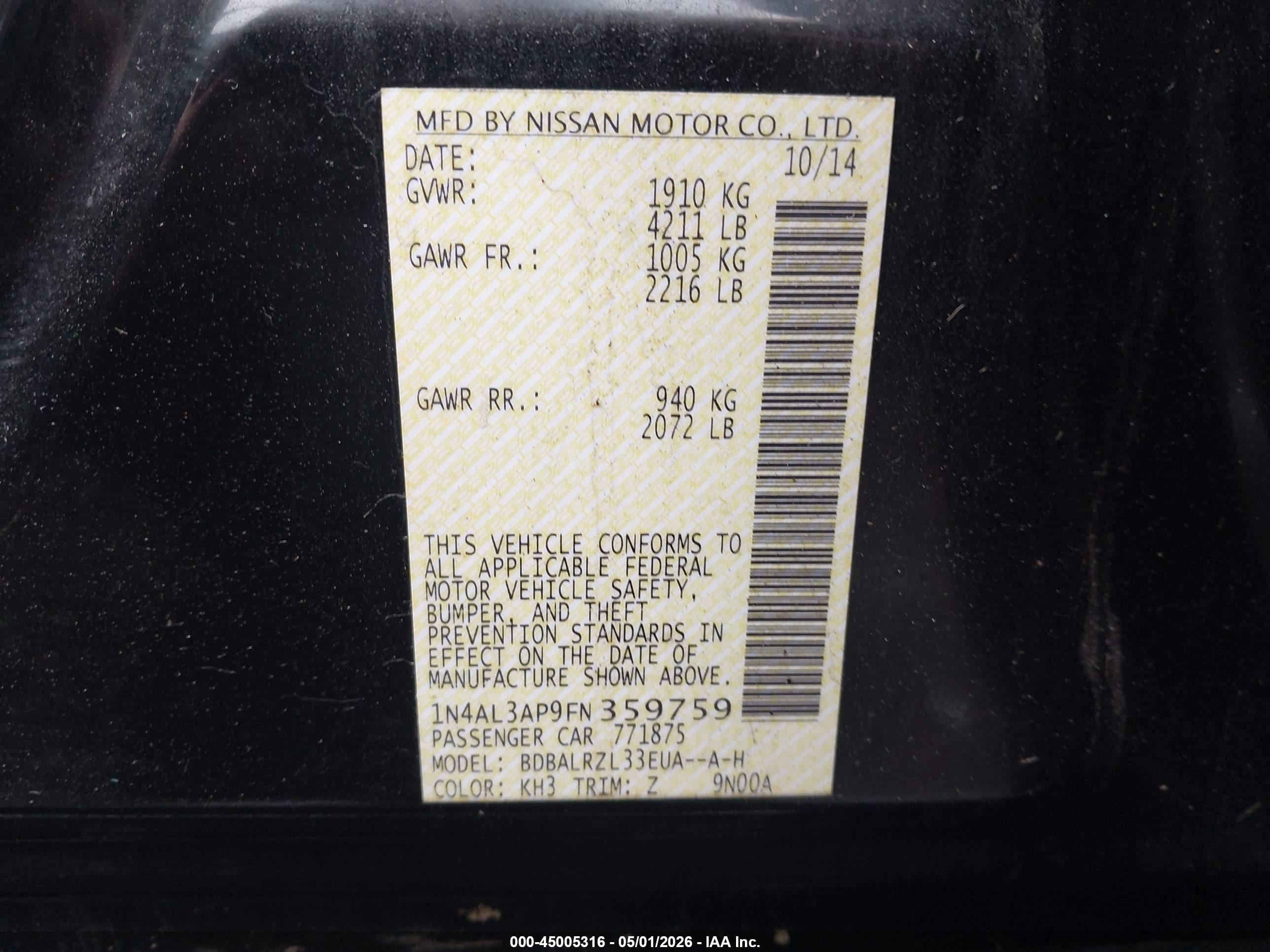 2015 Nissan Altima 2.5 Sl Black vin: 1N4AL3AP9FN359759
