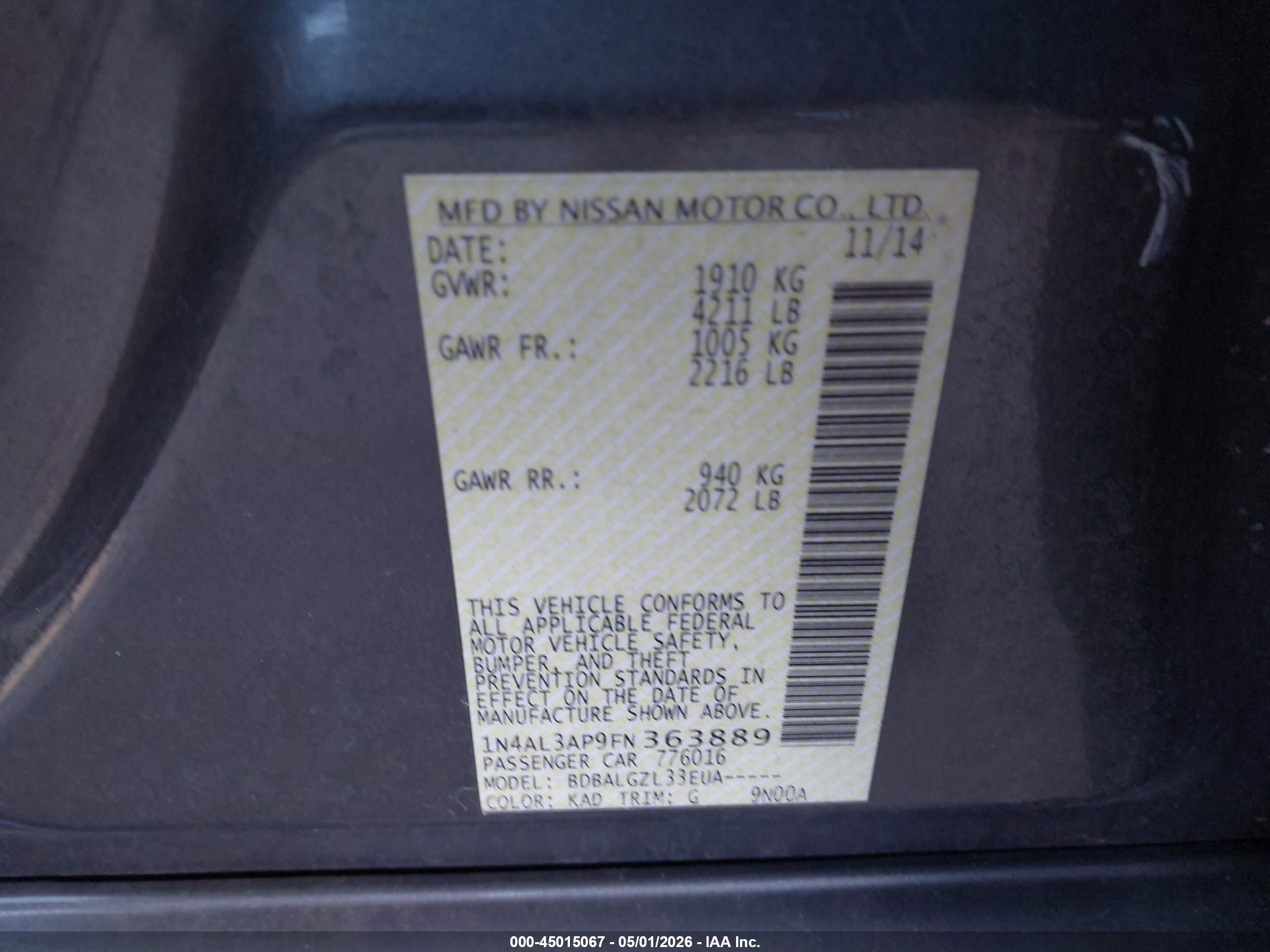 2015 Nissan Altima 2.5 S Серебряный vin: 1N4AL3AP9FN363889