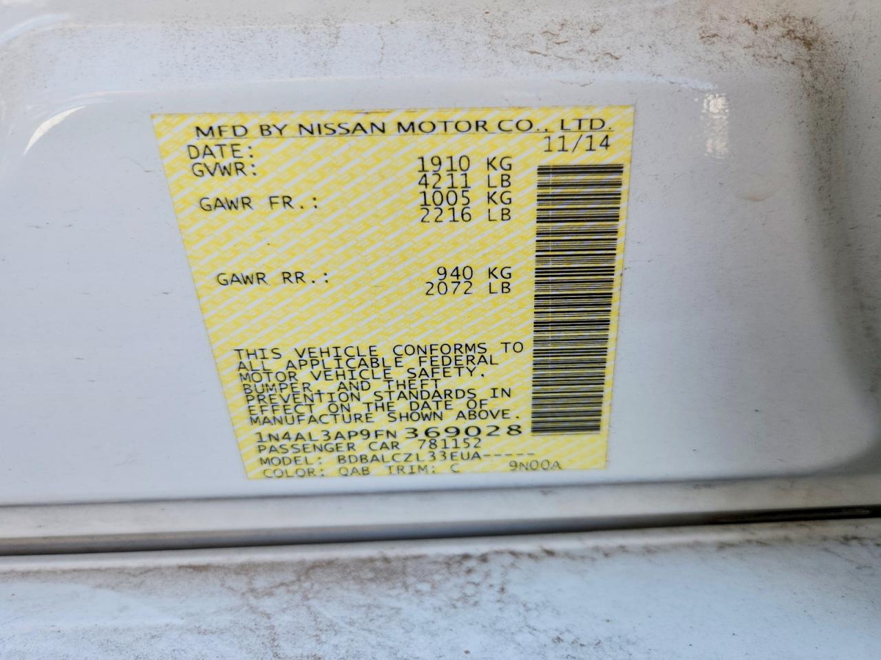 2015 Nissan Altima 2.5 S White vin: 1N4AL3AP9FN369028