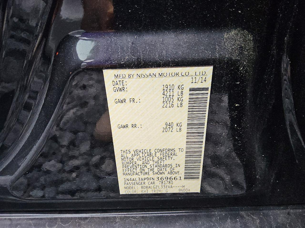 2015 Nissan Altima Black vin: 1N4AL3AP9FN369661