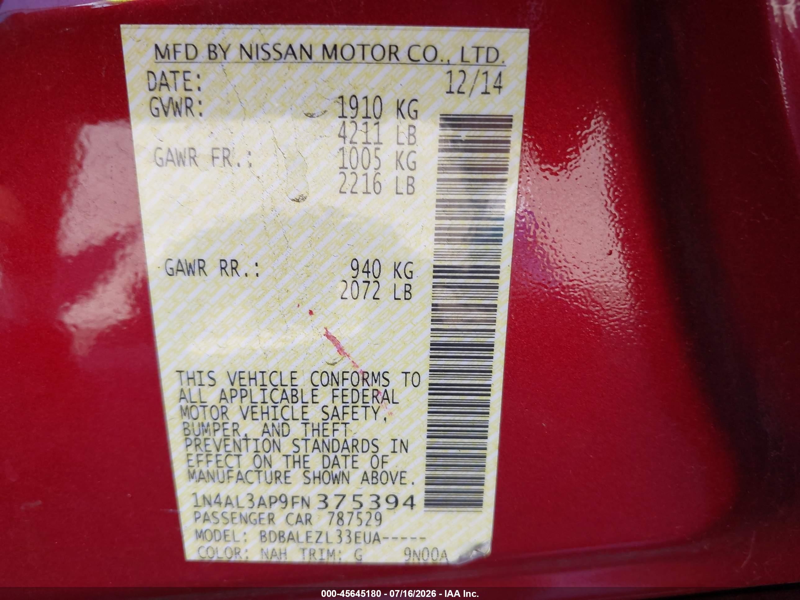 2015 Nissan Altima 2.5/2.5 S/2.5 Sl/2.5 Sv Red vin: 1N4AL3AP9FN375394