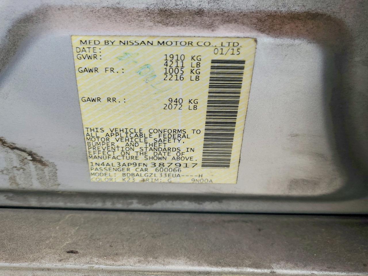 2015 Nissan Altima 2.5 S Silver vin: 1N4AL3AP9FN387917