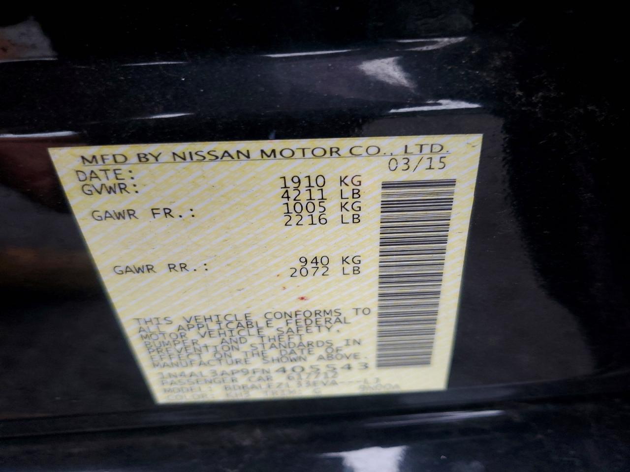 2015 Nissan Altima 2.5 S Black vin: 1N4AL3AP9FN405543
