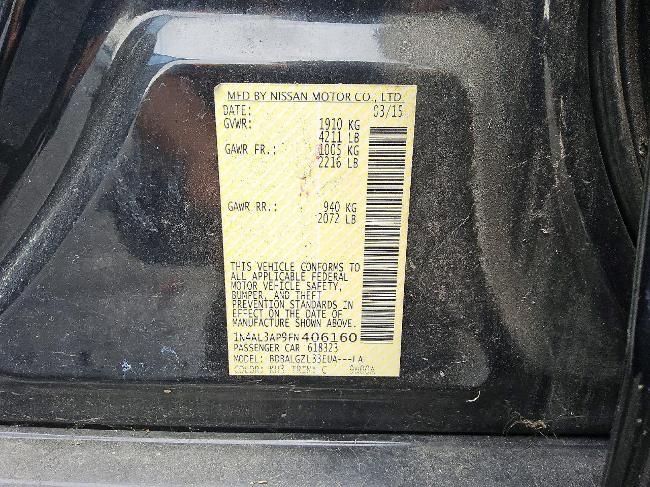 2015 Nissan Altima 2.5 S Black vin: 1N4AL3AP9FN406160