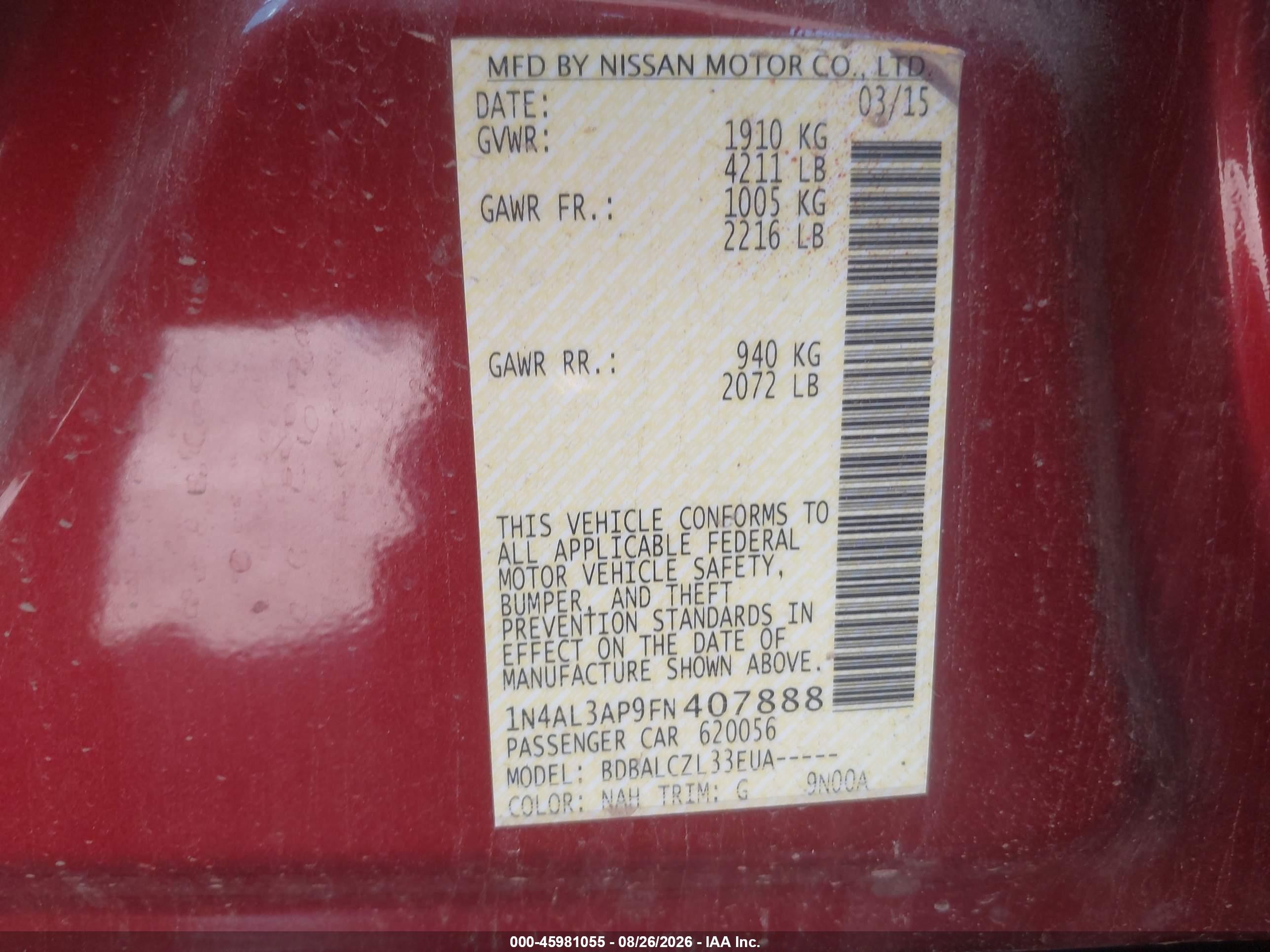 2015 Nissan Altima 2.5 S Burgundy vin: 1N4AL3AP9FN407888