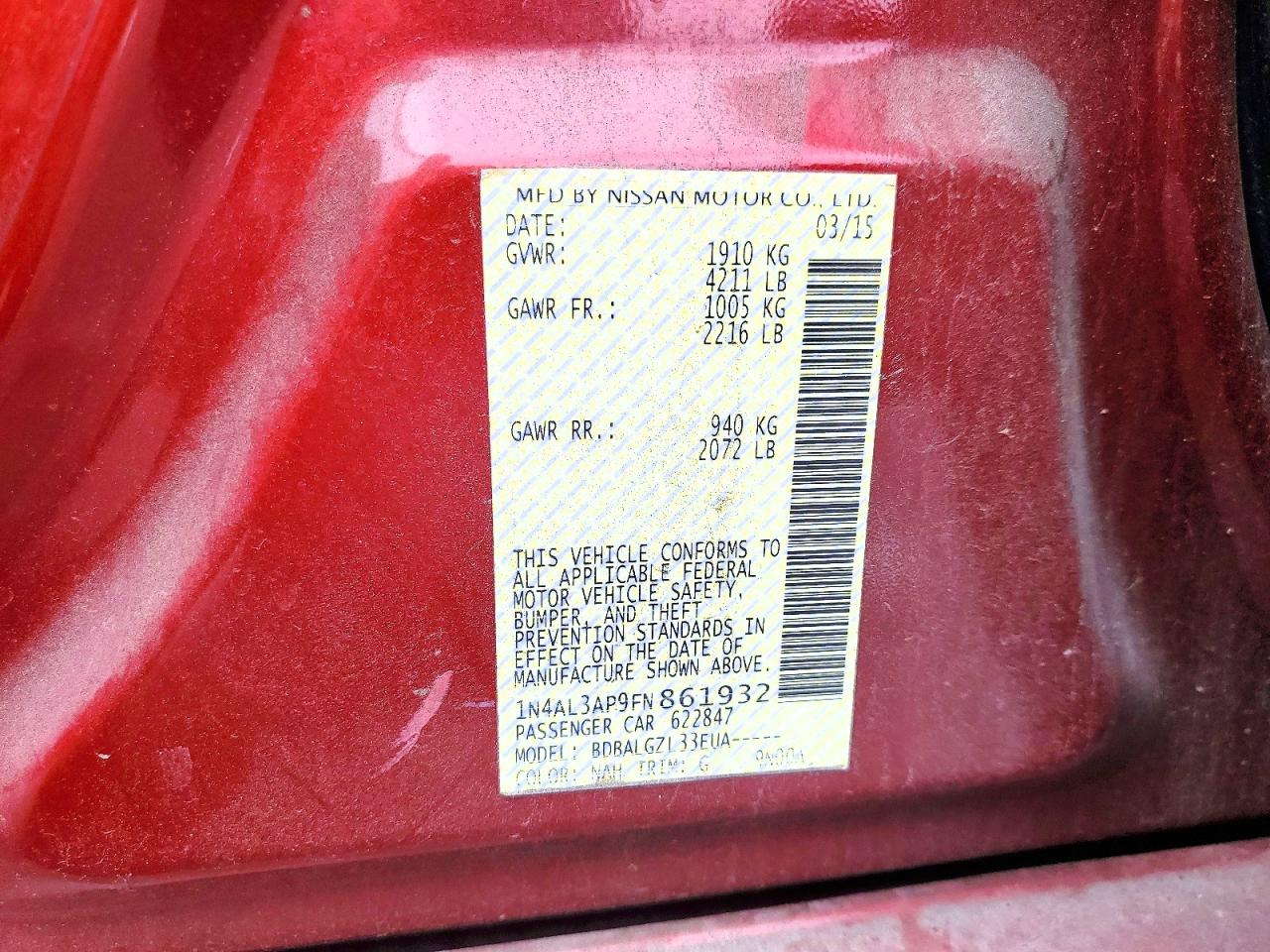 2015 Nissan Altima 2.5 S Red vin: 1N4AL3AP9FN861932