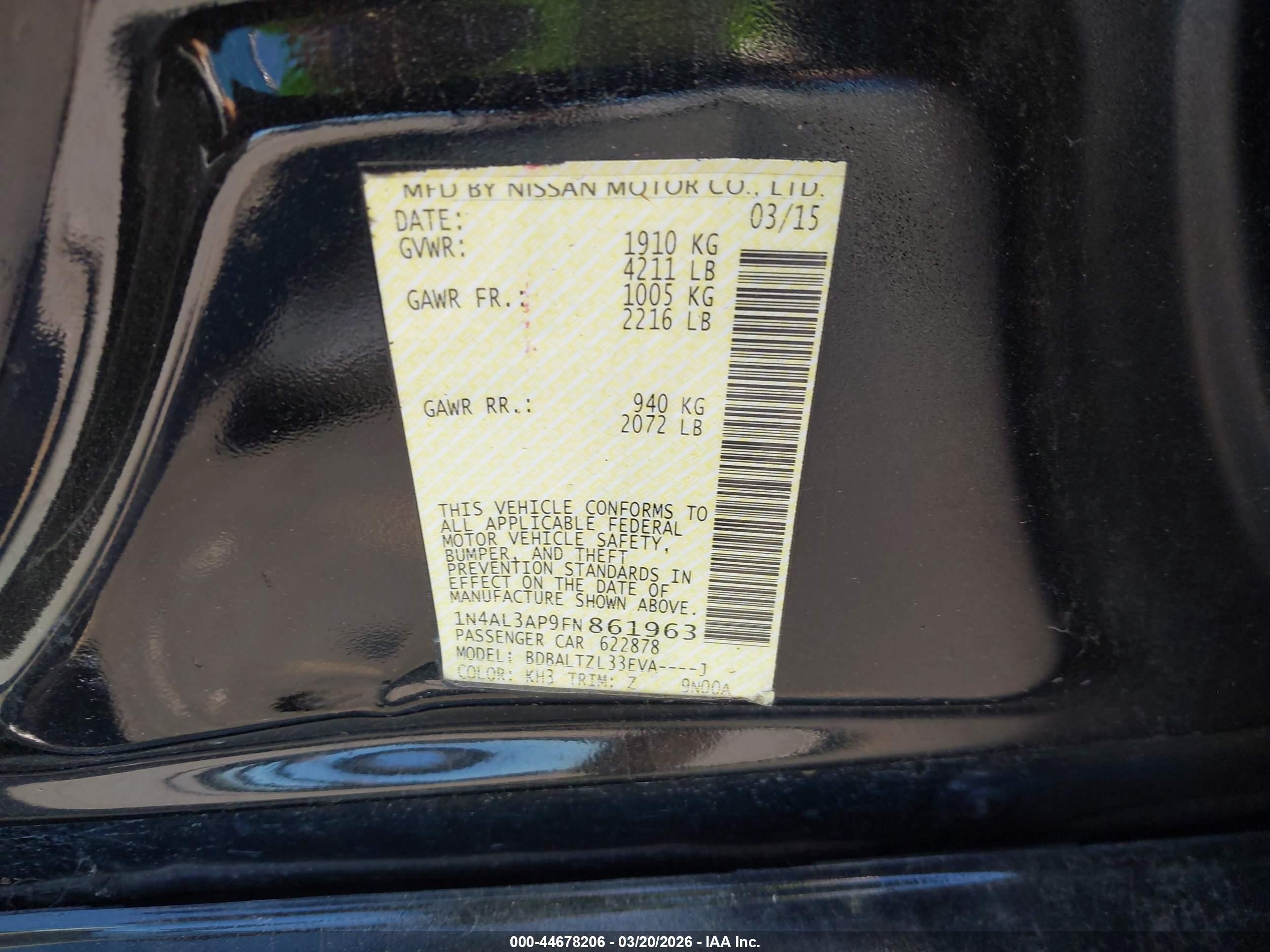 2015 Nissan Altima 2.5 Sl Black vin: 1N4AL3AP9FN861963