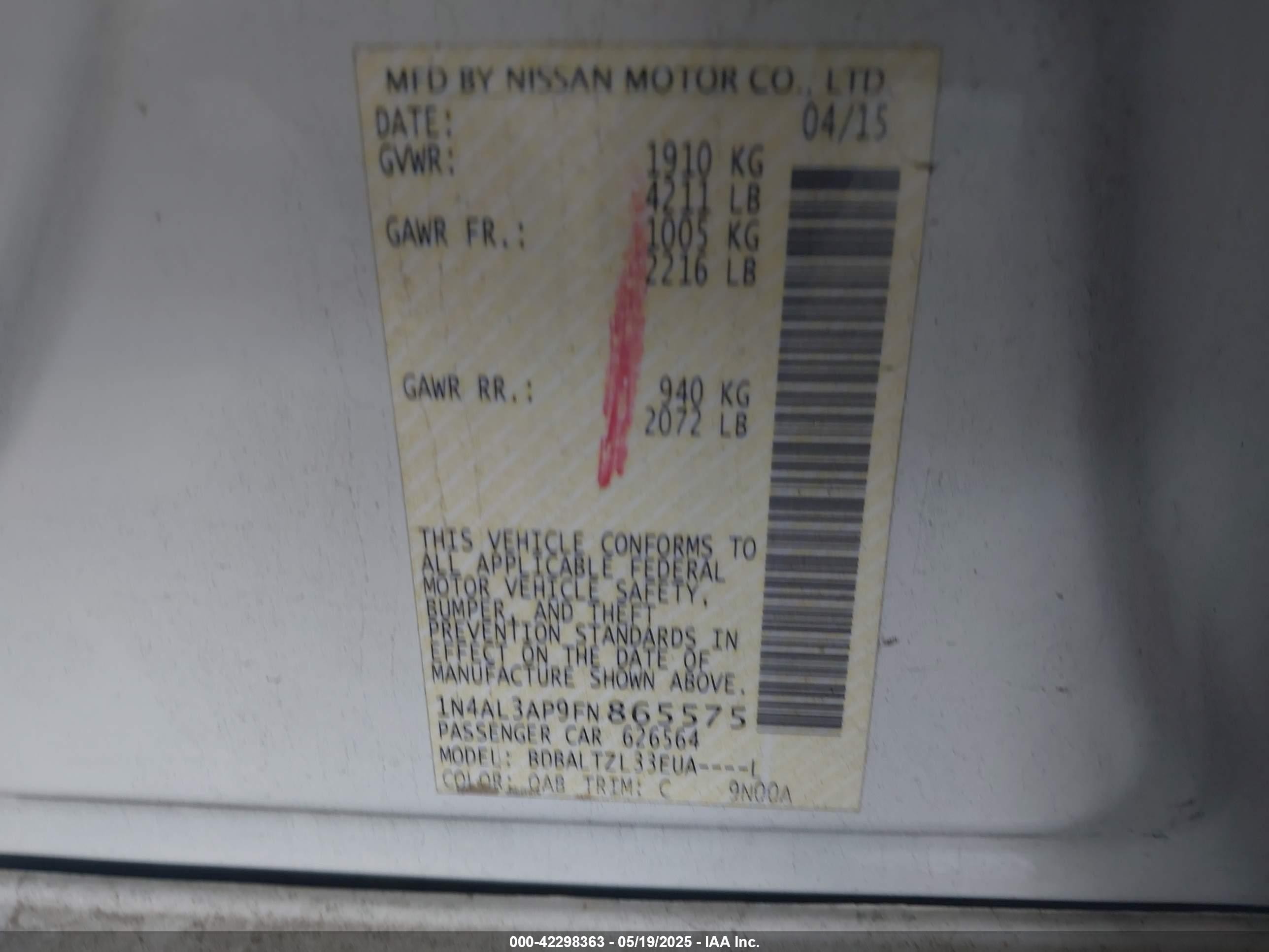 2015 Nissan Altima 2.5/2.5 S/2.5 Sl/2.5 Sv Белый vin: 1N4AL3AP9FN865575