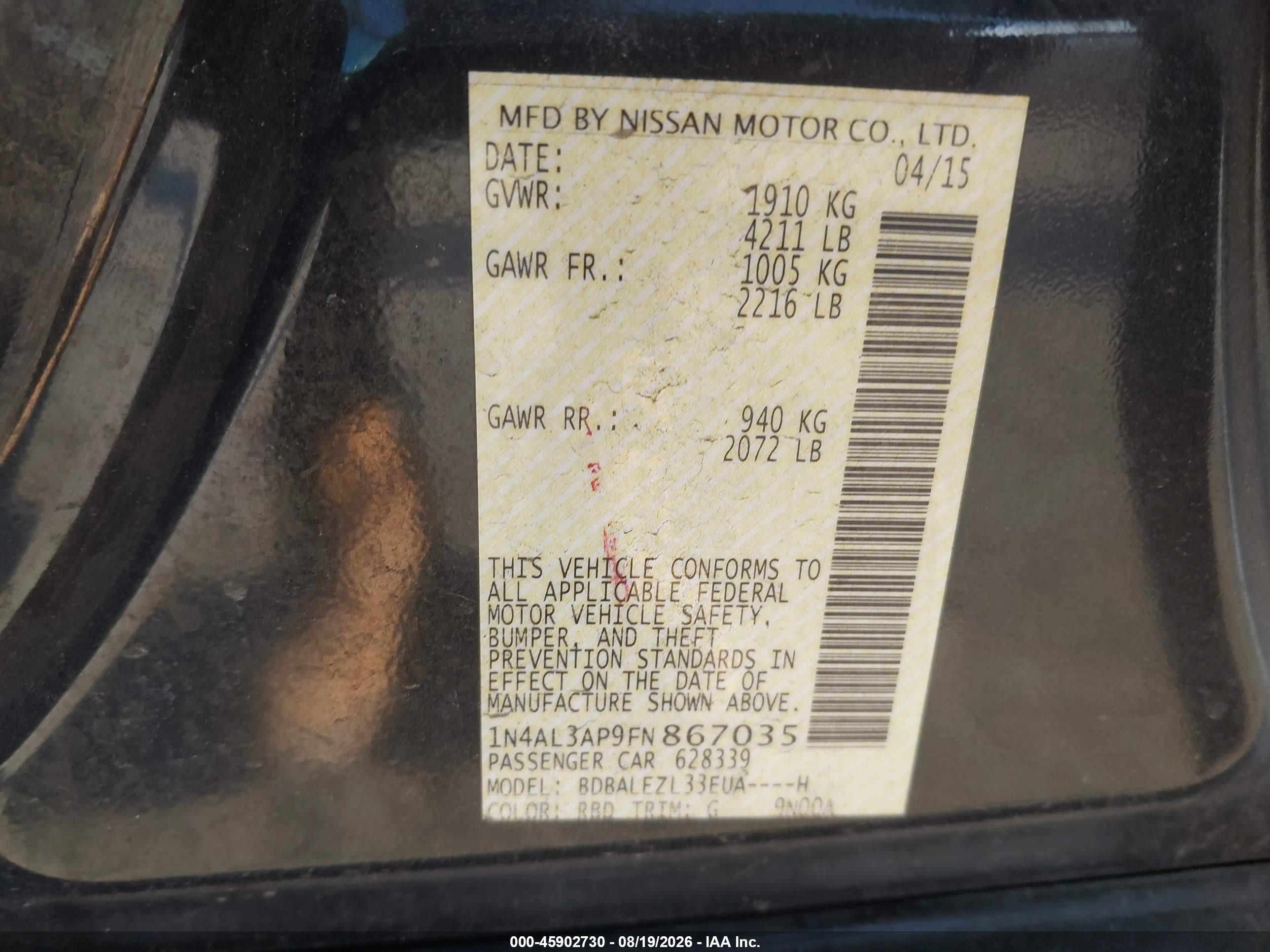 2015 Nissan Altima 2.5 S Black vin: 1N4AL3AP9FN867035