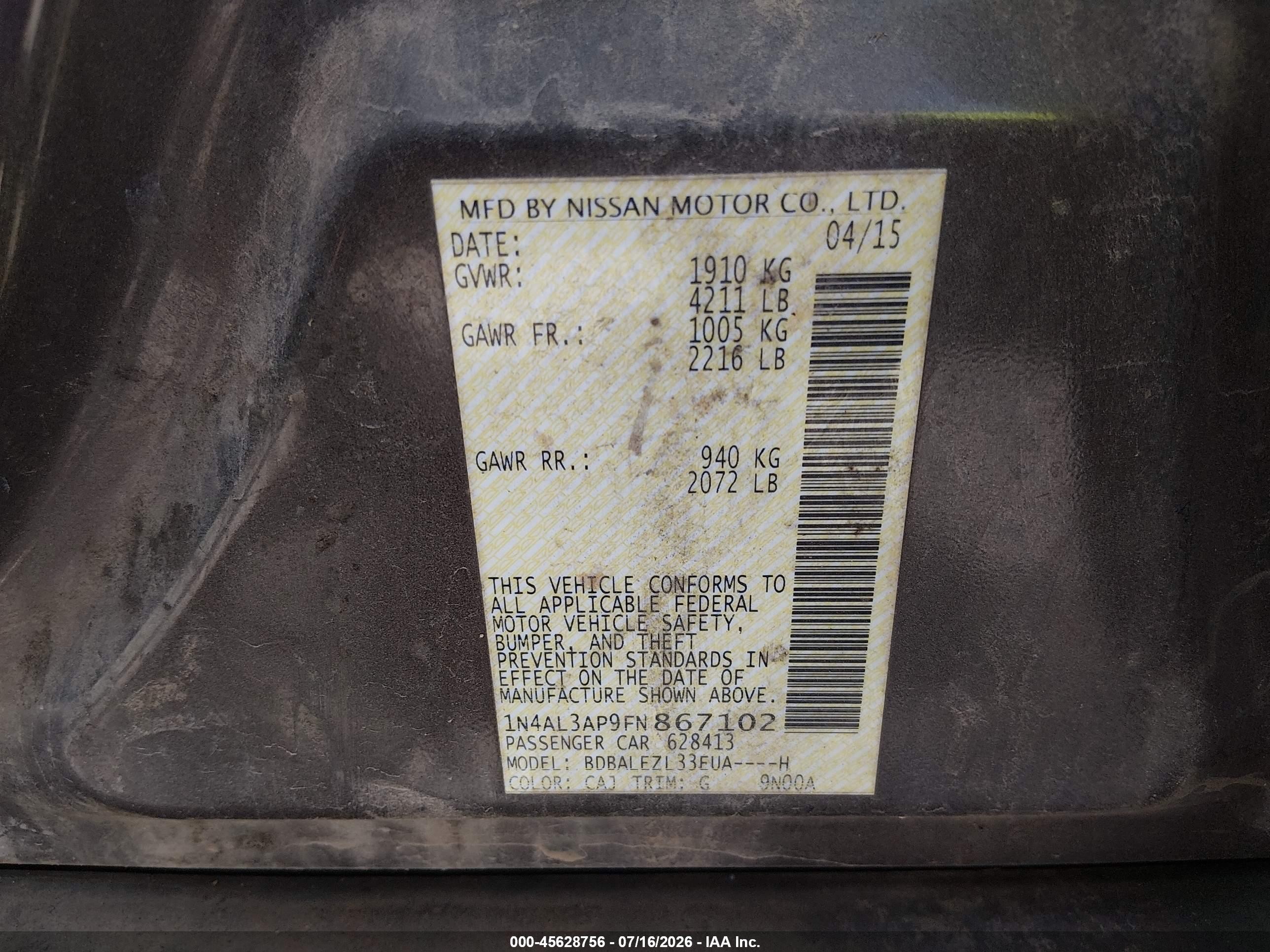 2015 Nissan Altima 2.5 S Black vin: 1N4AL3AP9FN867102