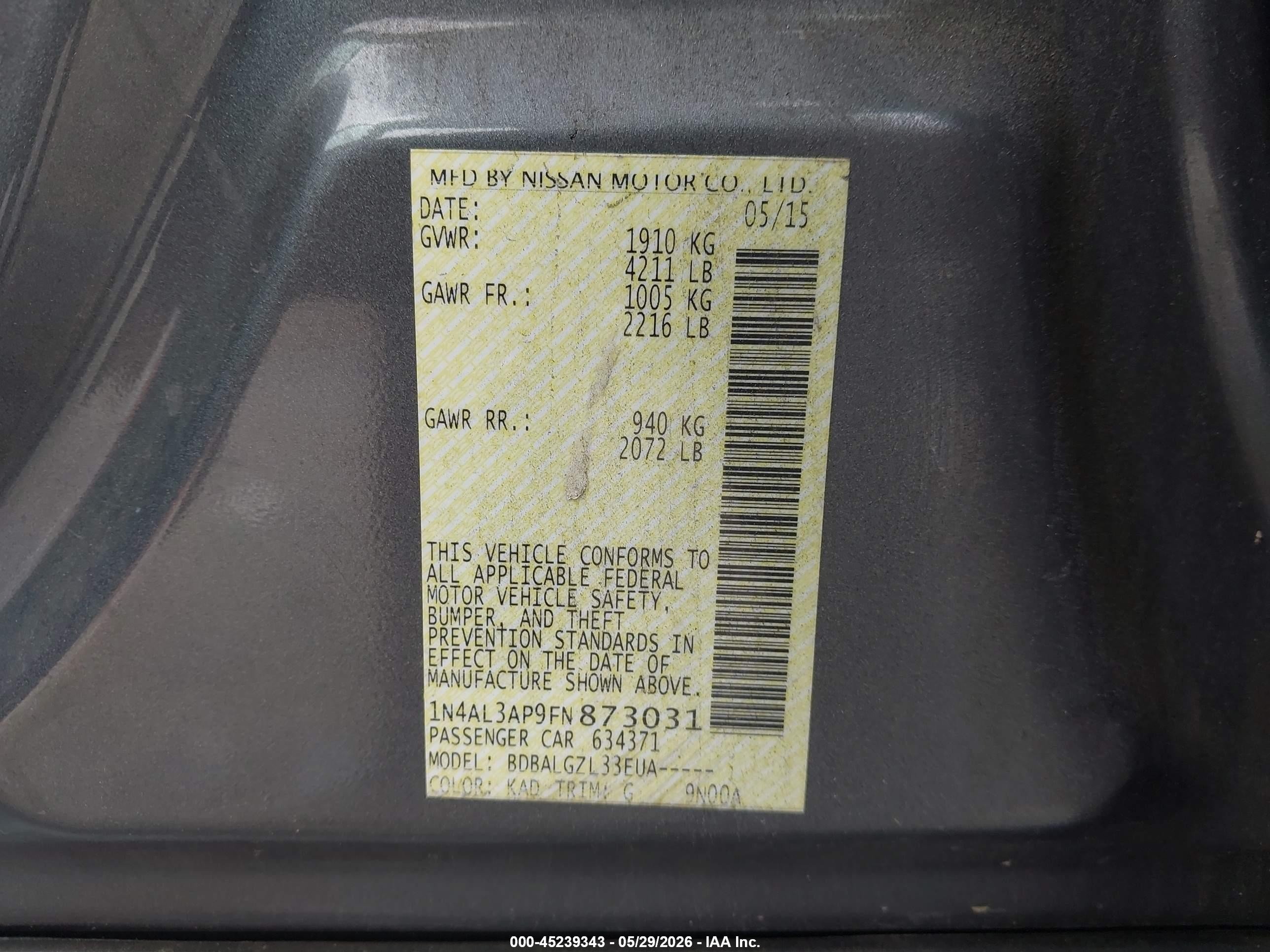 2015 Nissan Altima 2.5/2.5 S/2.5 Sl/2.5 Sv Gray vin: 1N4AL3AP9FN873031