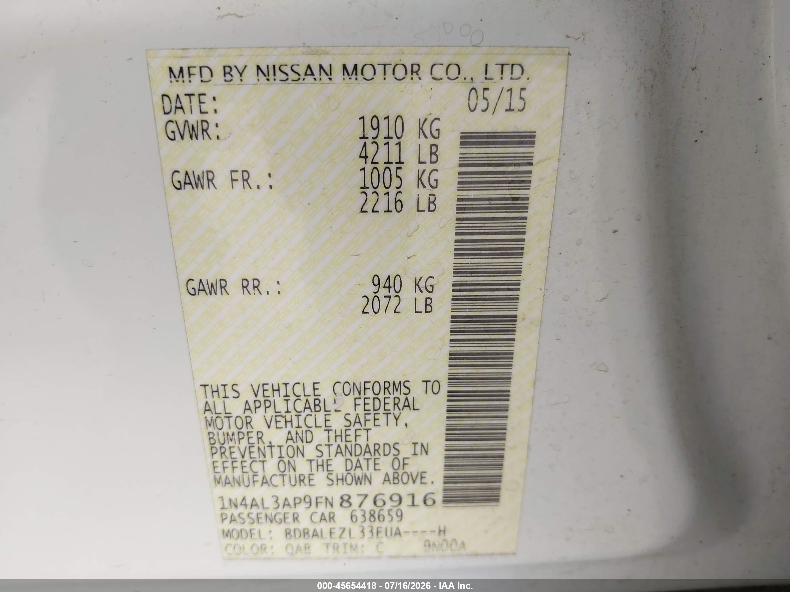 2015 Nissan Altima 2.5 S Белый vin: 1N4AL3AP9FN876916