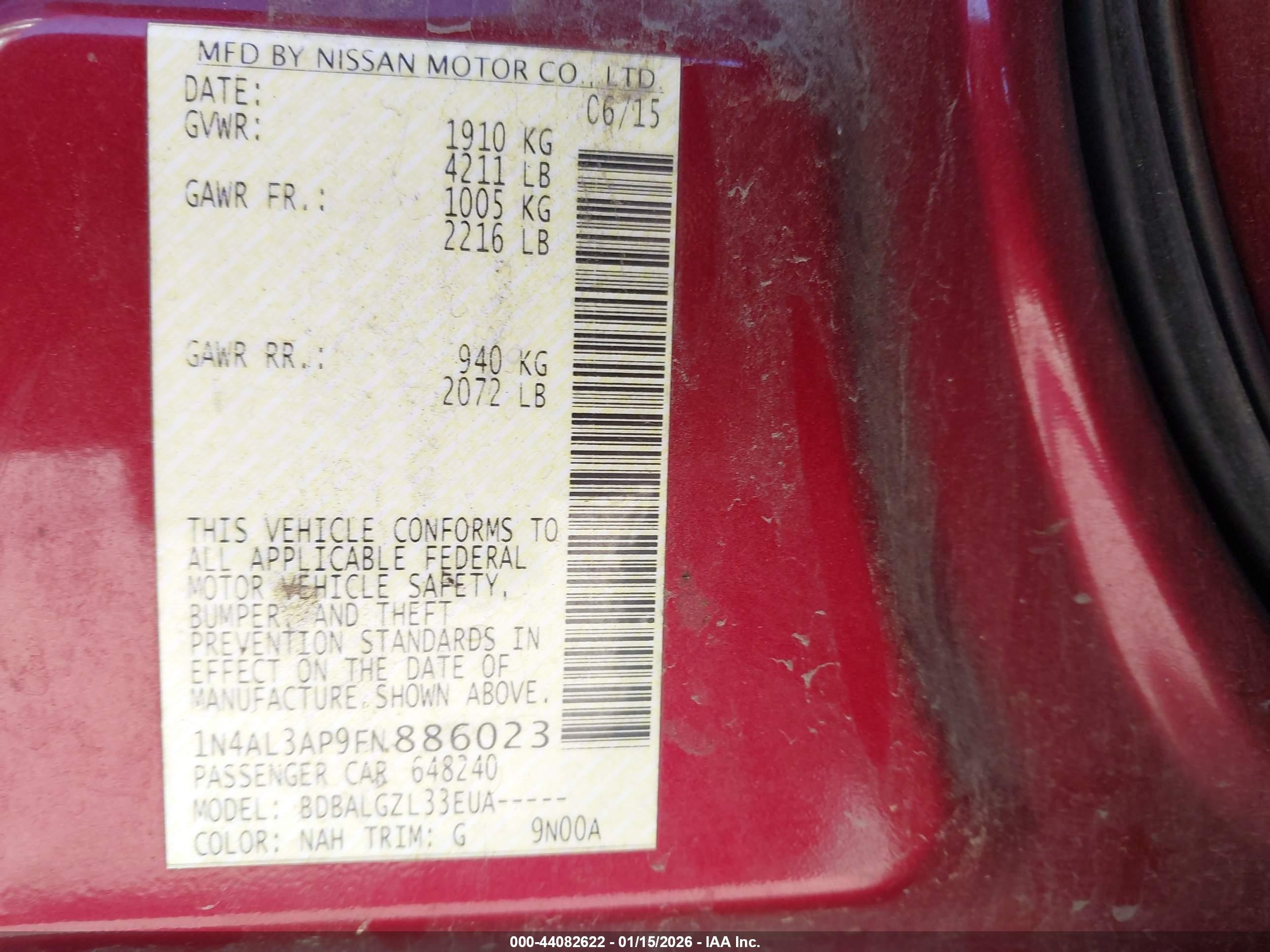 2015 Nissan Altima 2.5/2.5 S/2.5 Sl/2.5 Sv Red vin: 1N4AL3AP9FN886023