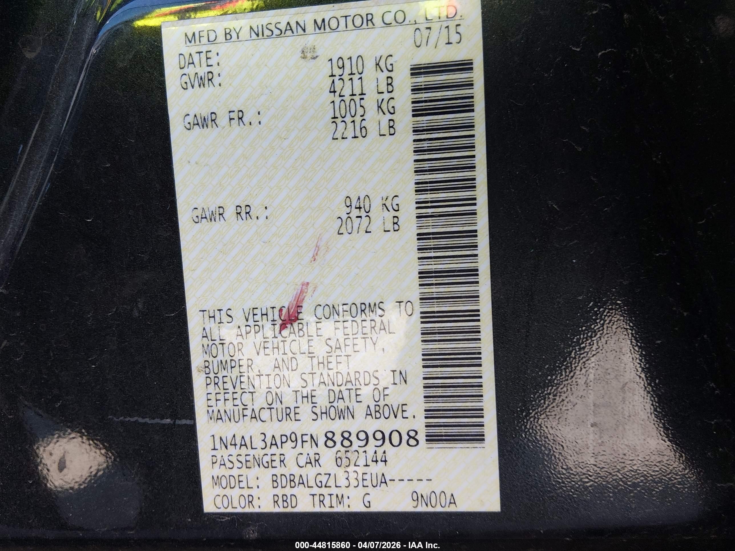 2015 Nissan Altima 2.5/2.5 S/2.5 Sl/2.5 Sv Черный vin: 1N4AL3AP9FN889908