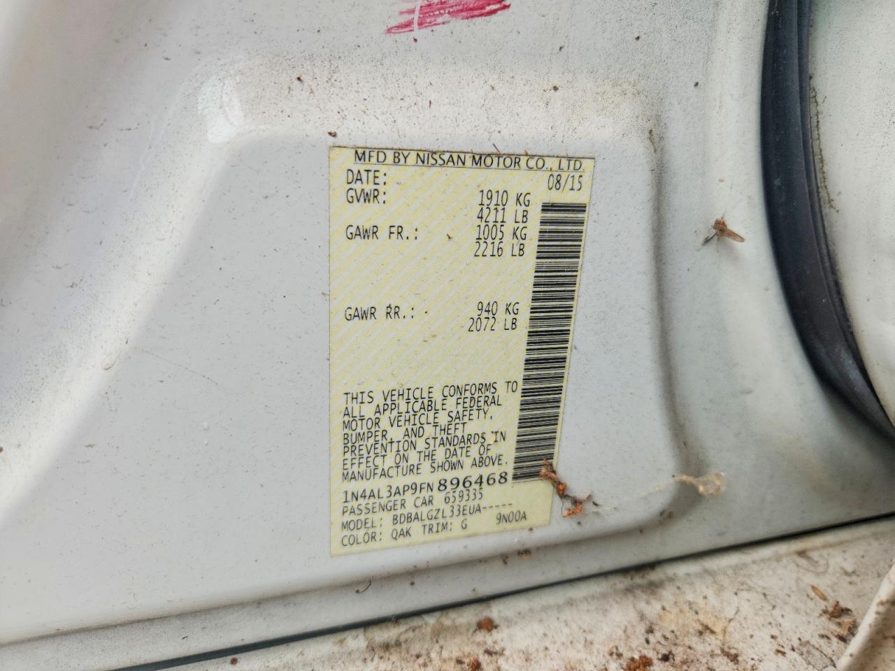 2015 Nissan Altima 2.5 S Белый vin: 1N4AL3AP9FN896468